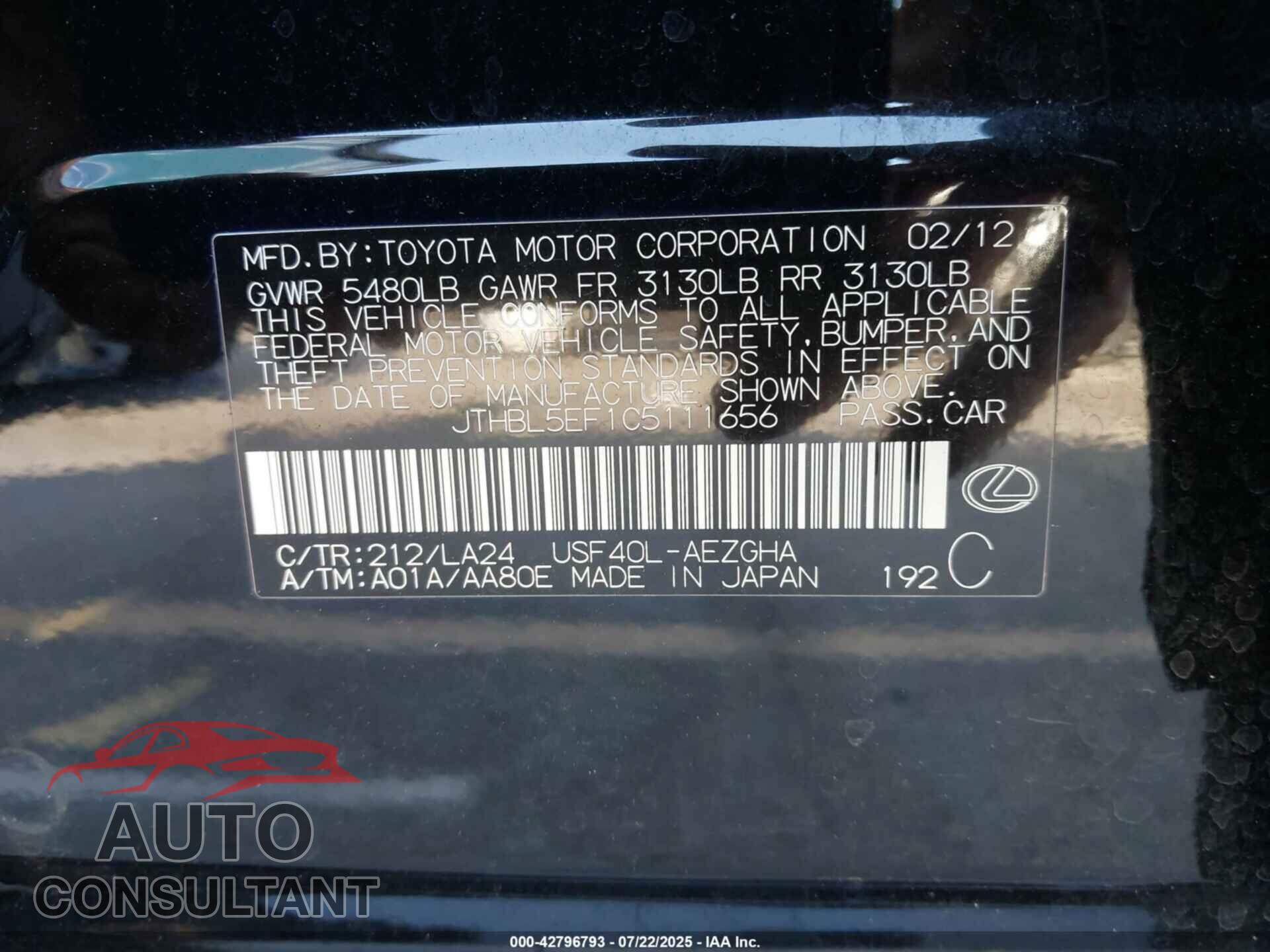 LEXUS LS 460 2012 - JTHBL5EF1C5111656