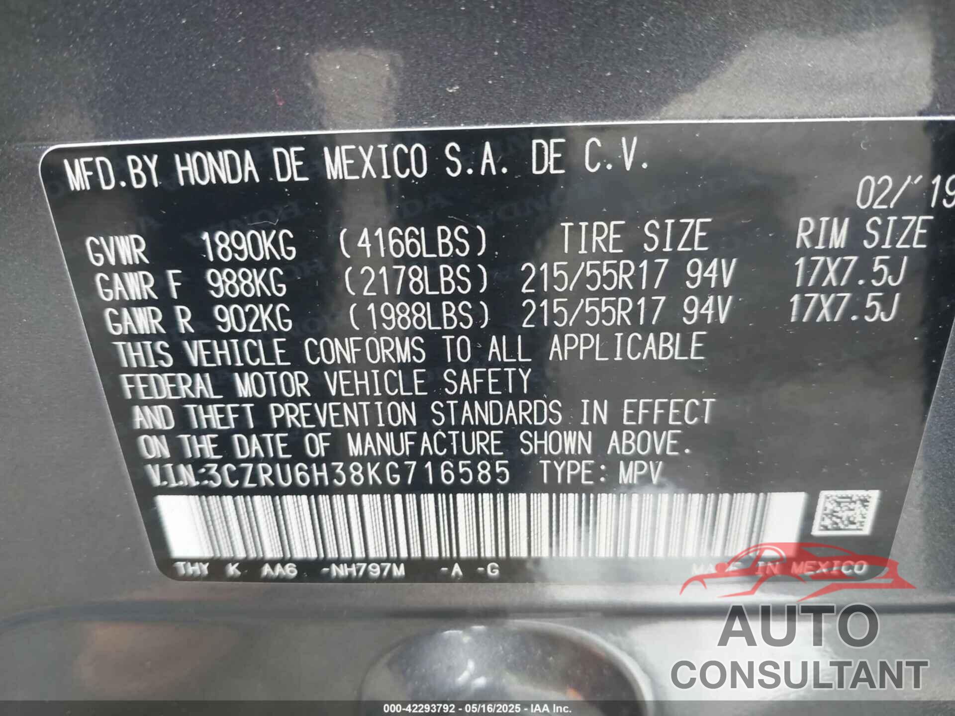 HONDA HR-V 2019 - 3CZRU6H38KG716585