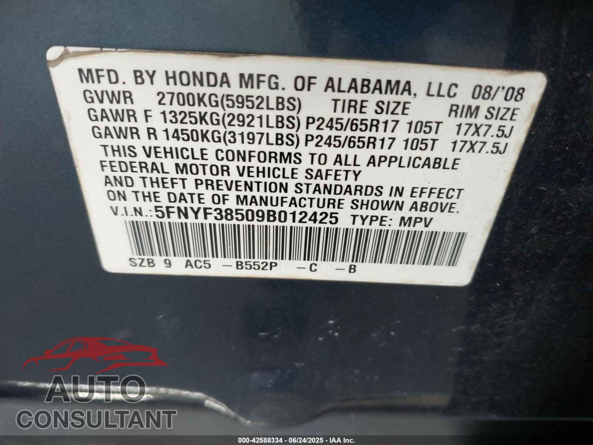 HONDA PILOT 2009 - 5FNYF38509B012425