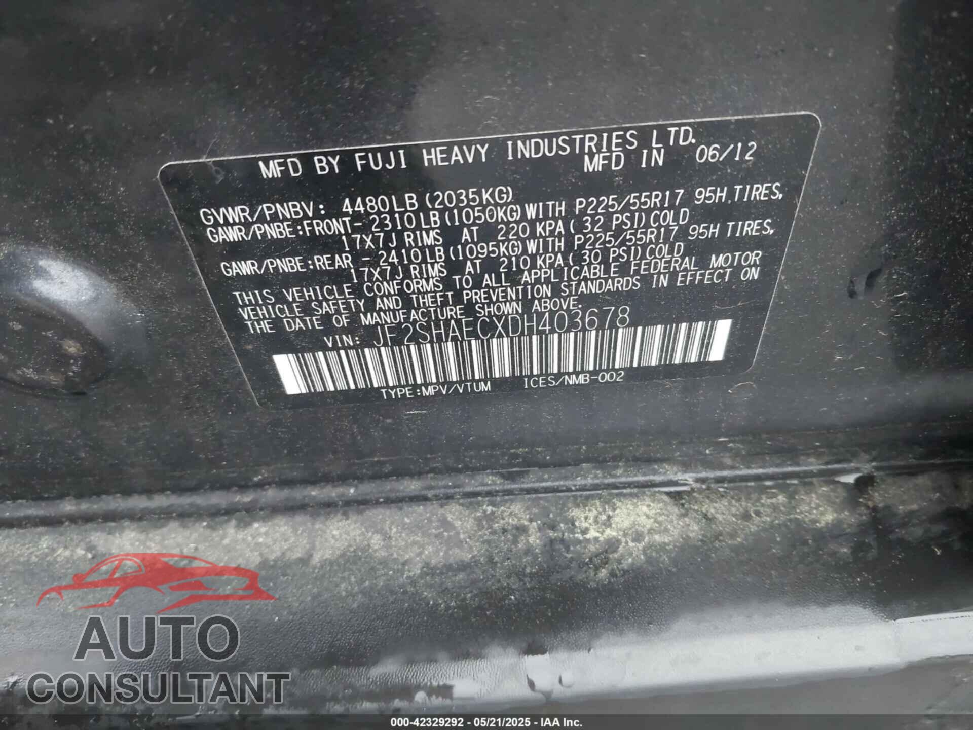 SUBARU FORESTER 2013 - JF2SHAECXDH403678