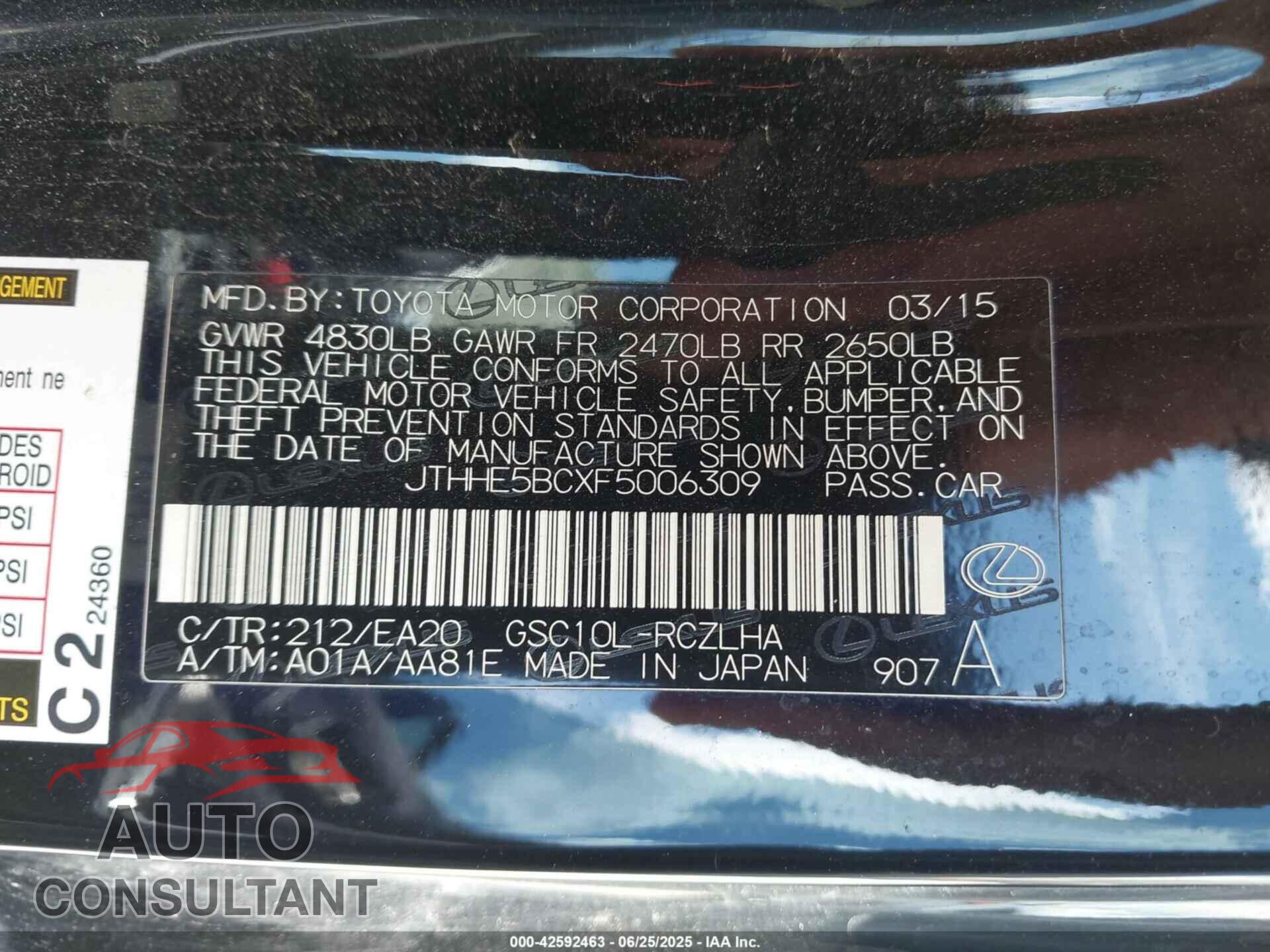 LEXUS RC 350 2015 - JTHHE5BCXF5006309