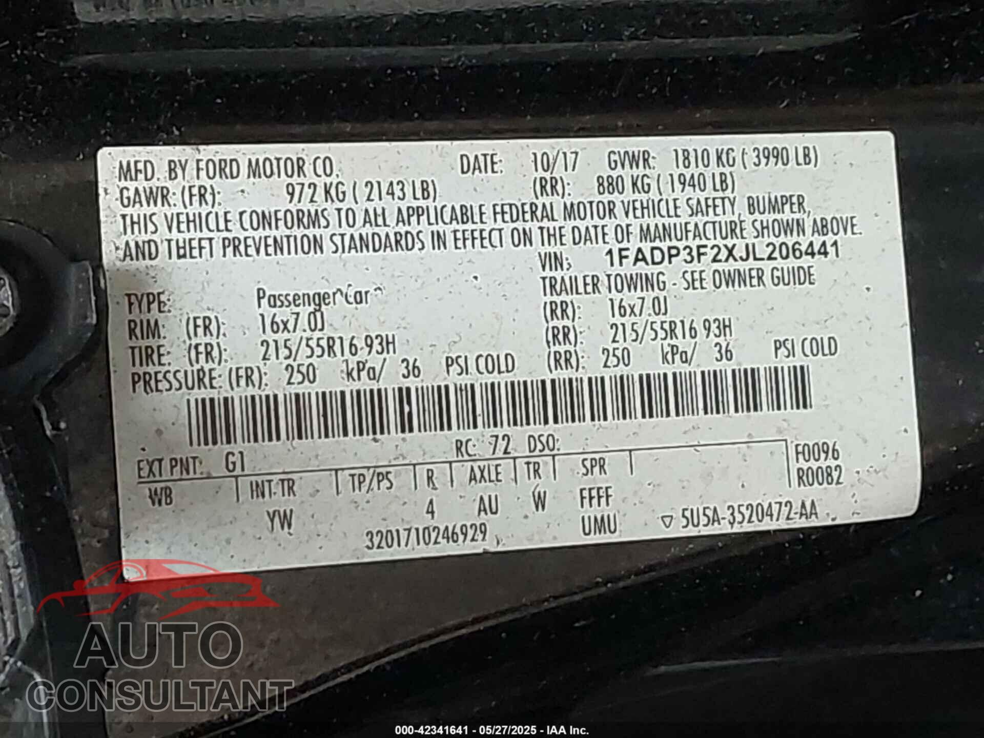 FORD FOCUS 2018 - 1FADP3F2XJL206441