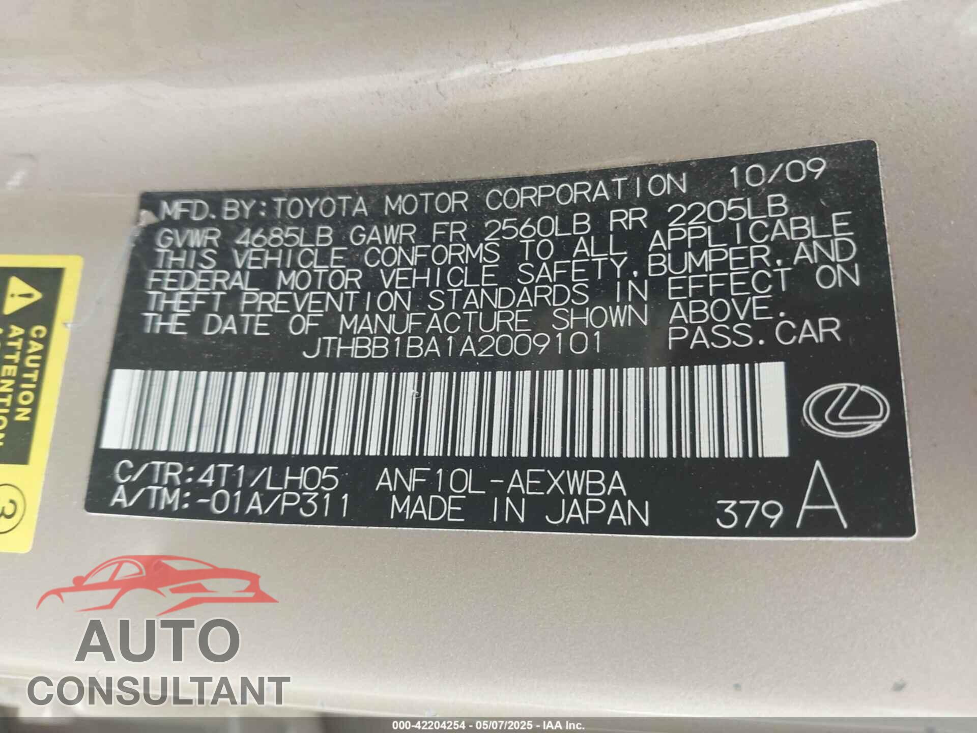 LEXUS HS 250H 2010 - JTHBB1BA1A2009101