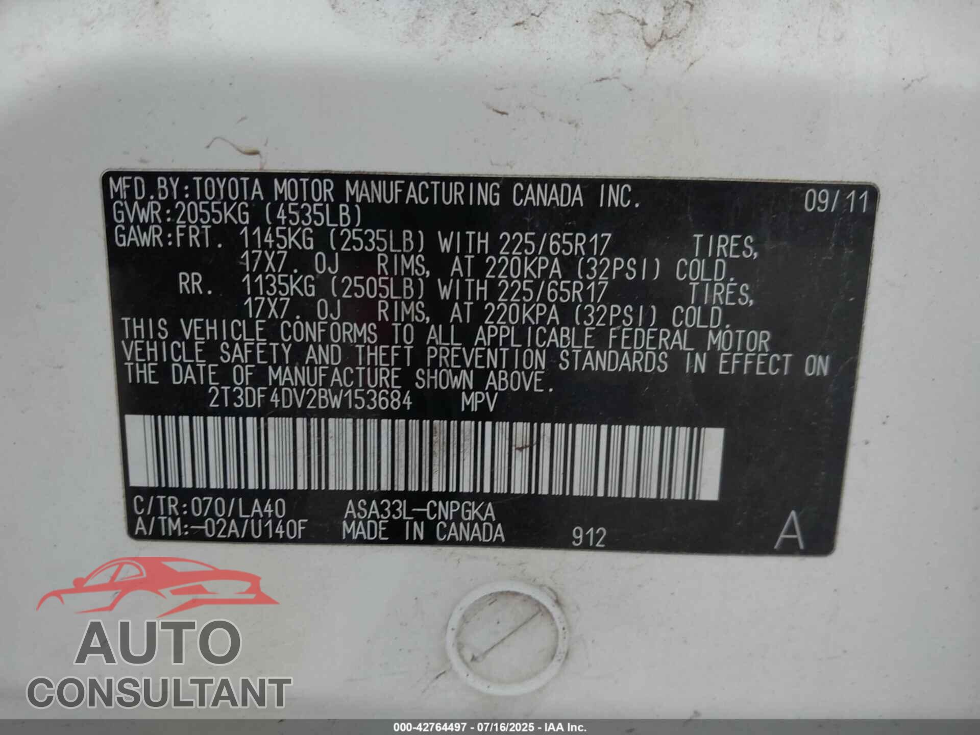 TOYOTA RAV4 2011 - 2T3DF4DV2BW153684