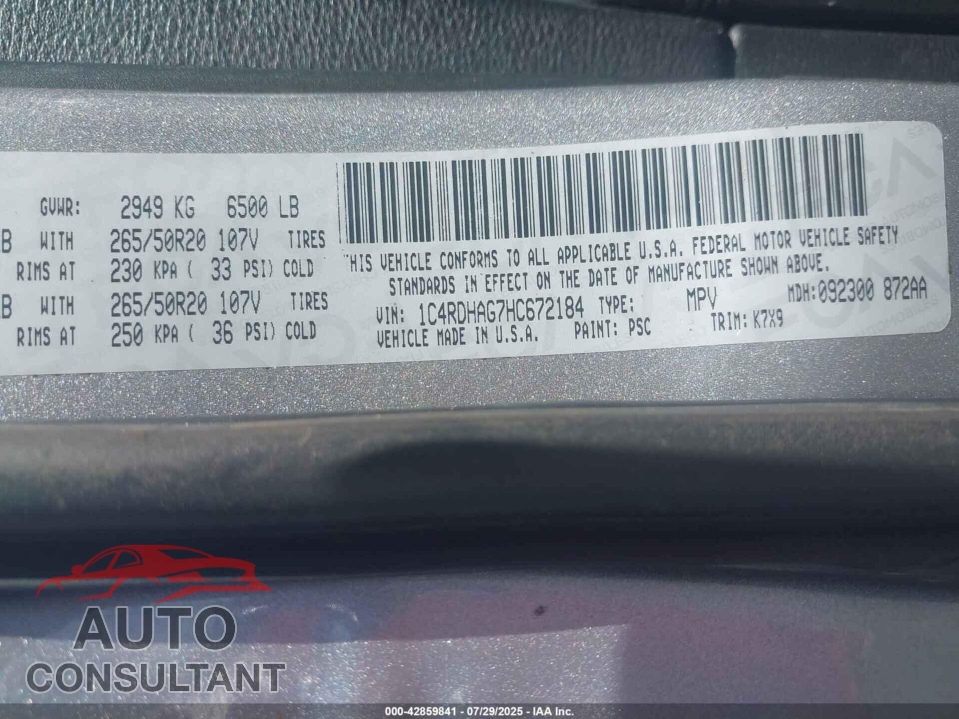 DODGE DURANGO 2017 - 1C4RDHAG7HC672184
