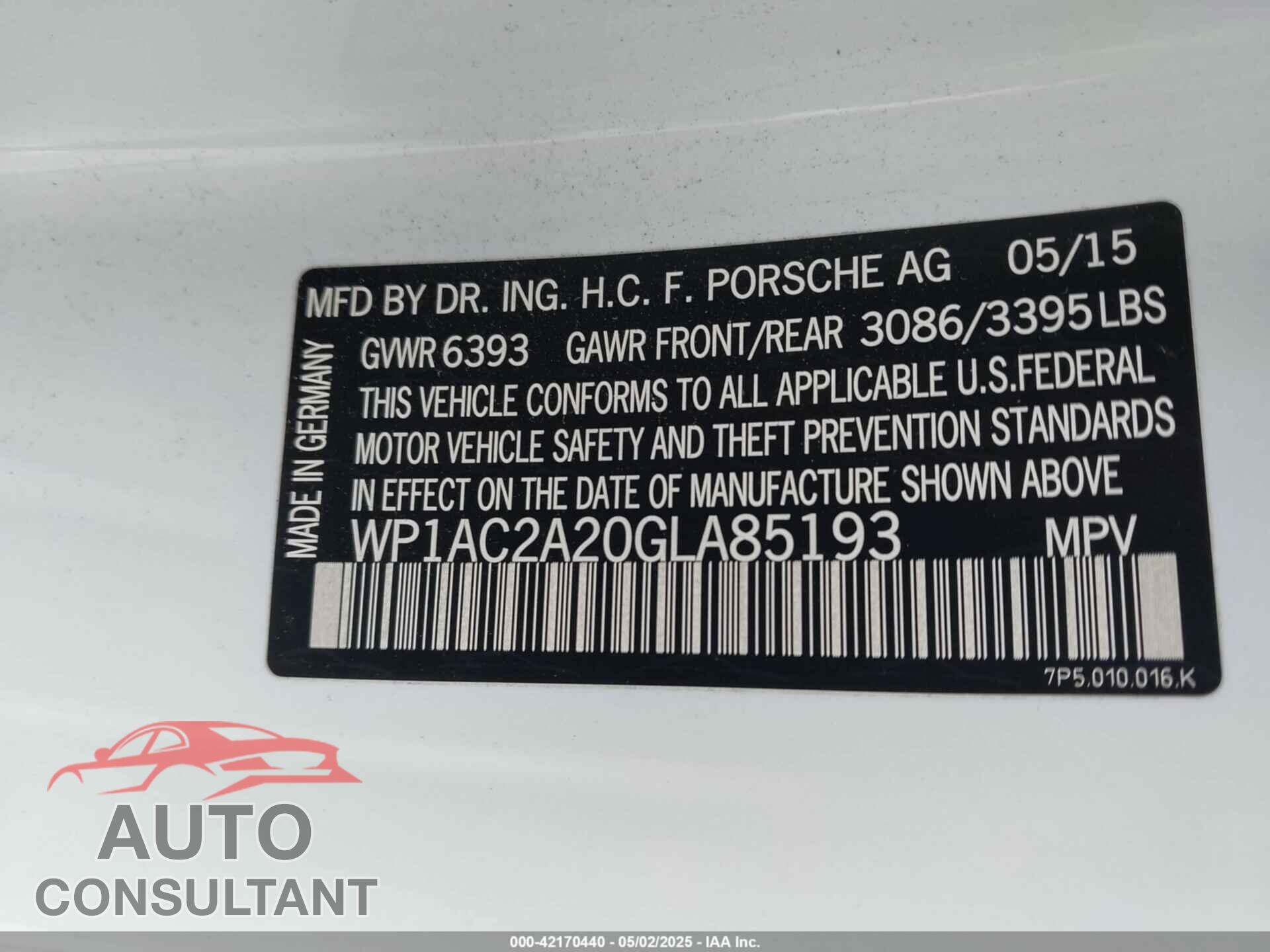 PORSCHE CAYENNE 2016 - WP1AC2A20GLA85193