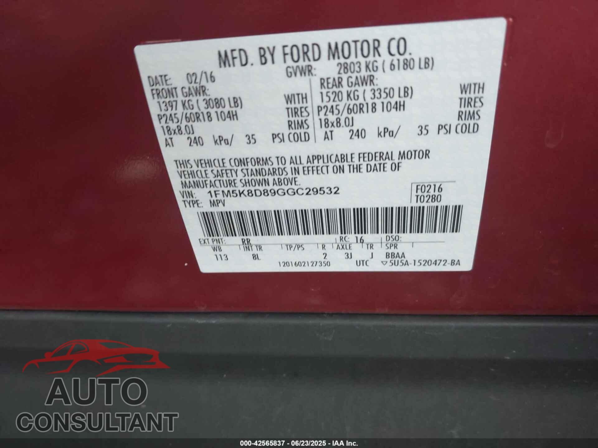 FORD EXPLORER 2016 - 1FM5K8D89GGC29532