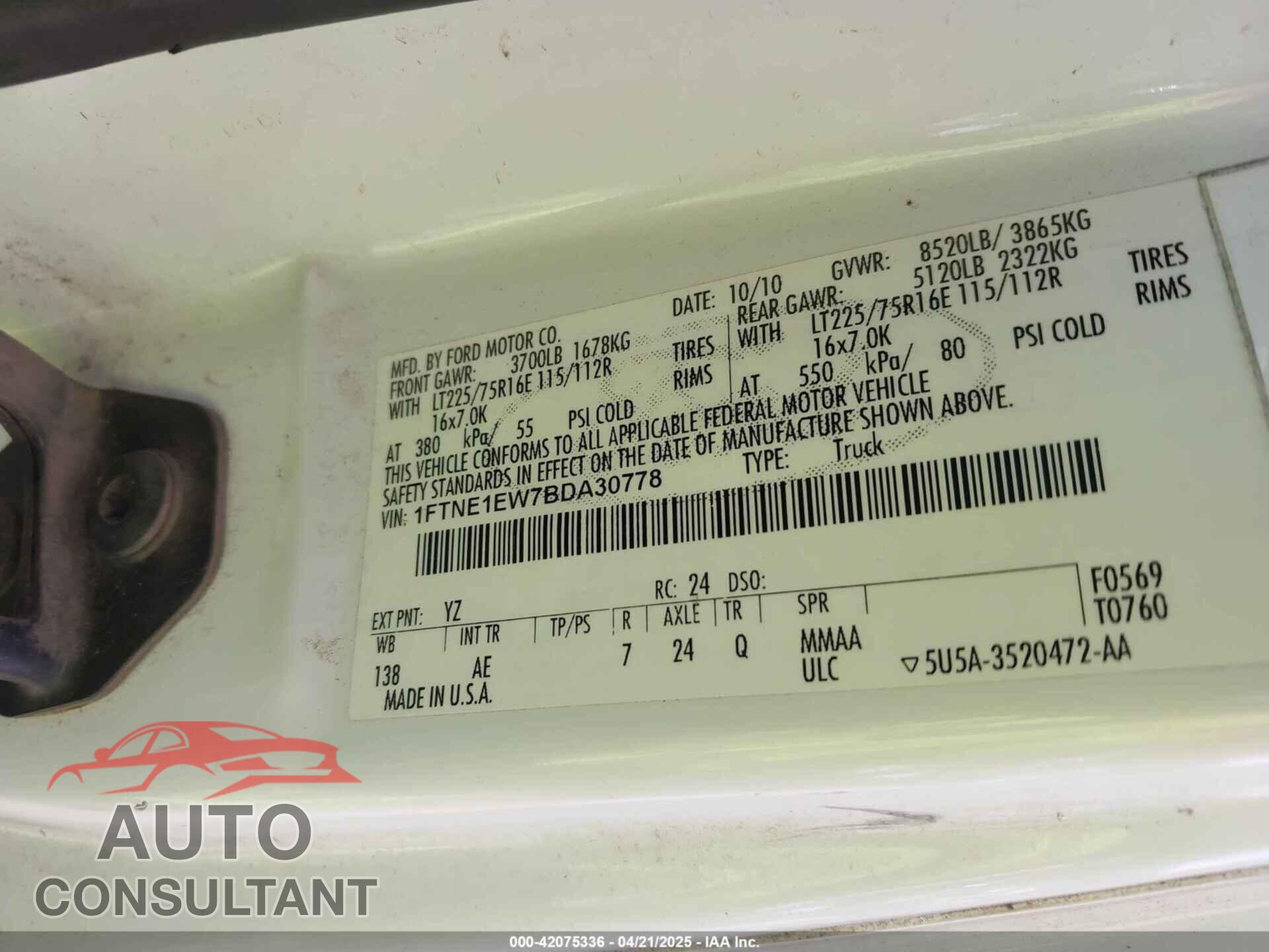 FORD E-150 2011 - 1FTNE1EW7BDA30778