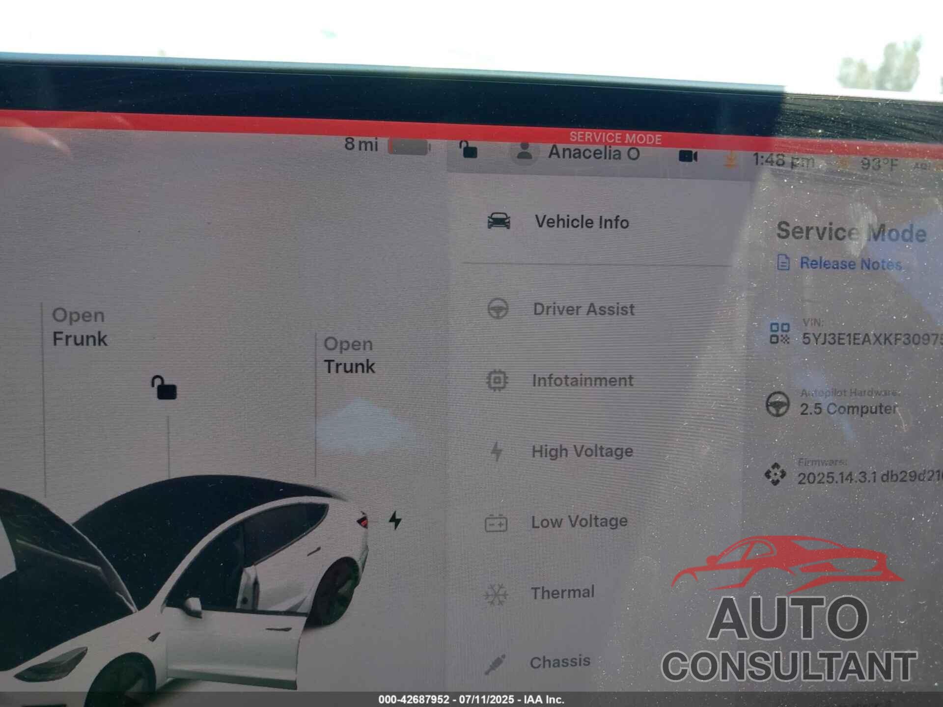 TESLA MODEL 3 2019 - 5YJ3E1EAXKF309758