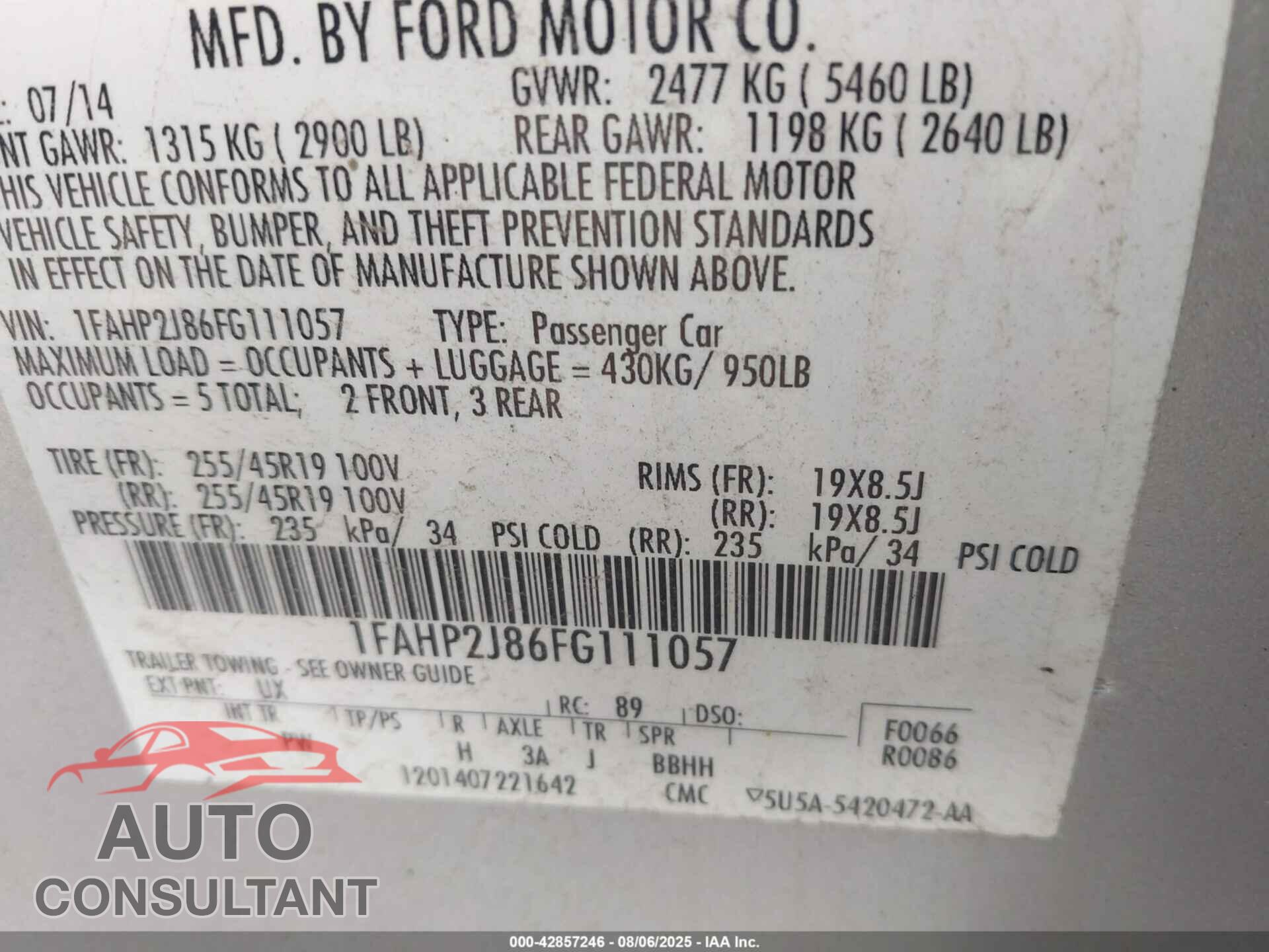 FORD TAURUS 2015 - 1FAHP2J86FG111057