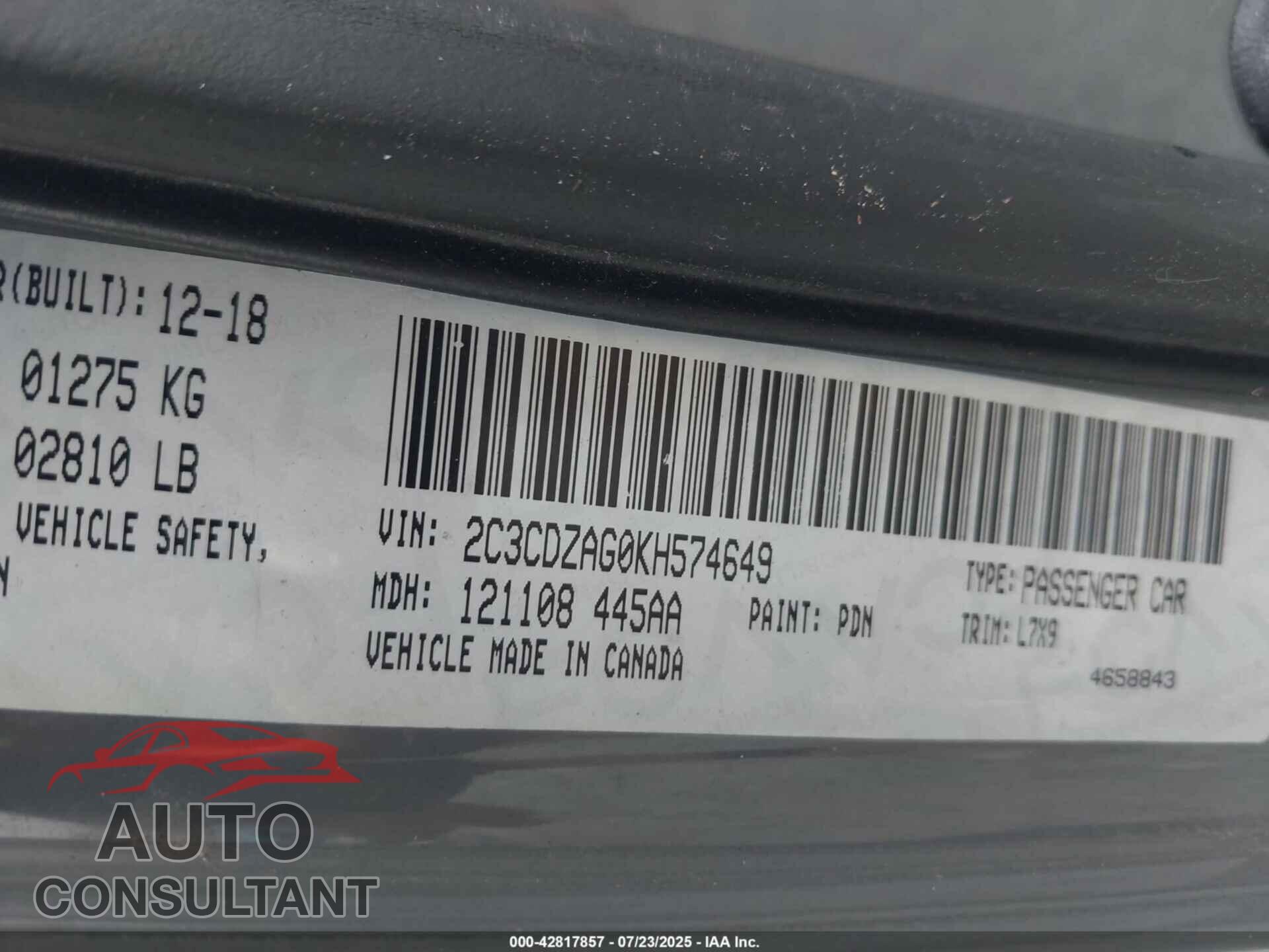 DODGE CHALLENGER 2019 - 2C3CDZAG0KH574649