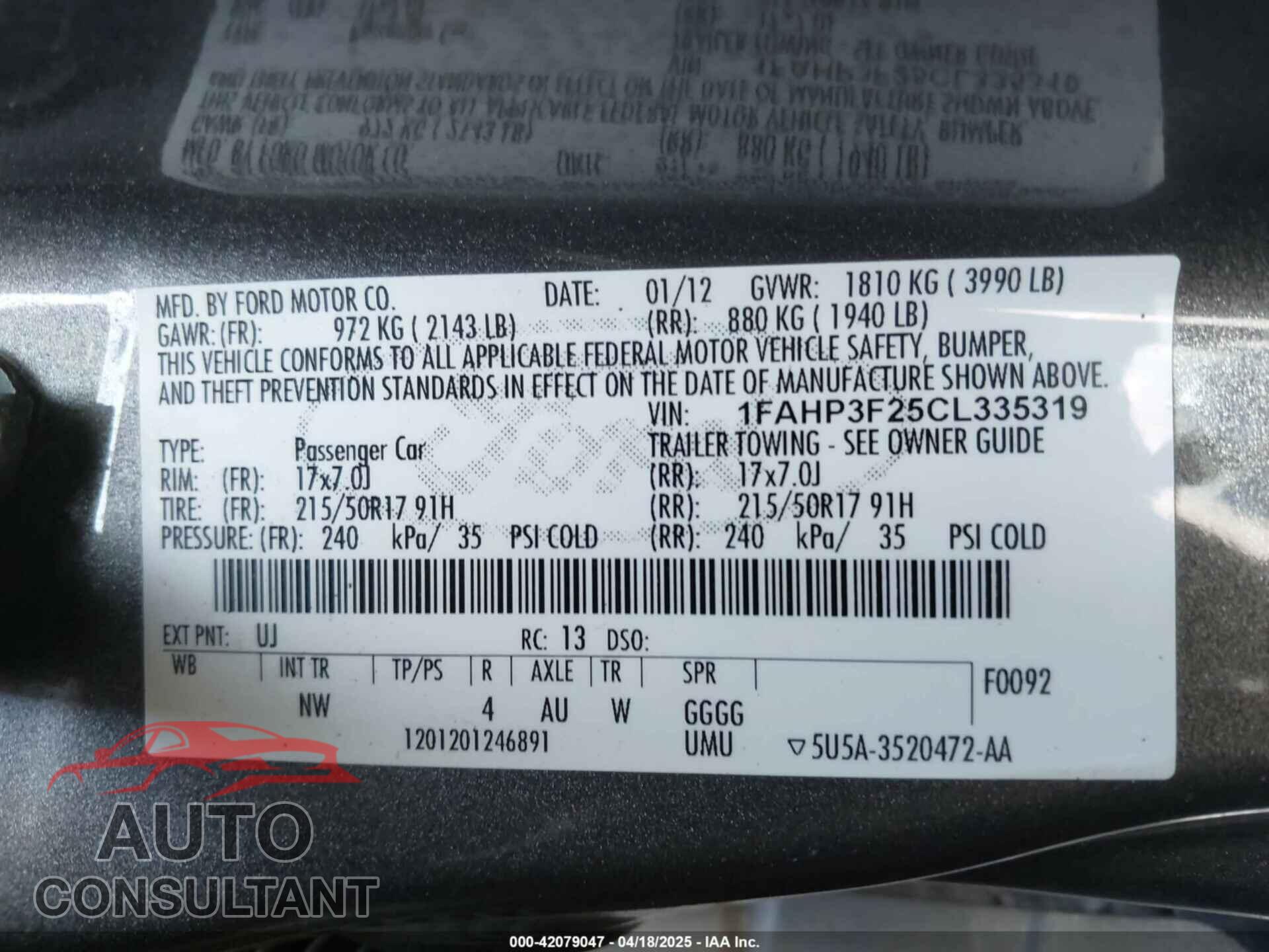 FORD FOCUS 2012 - 1FAHP3F25CL335319