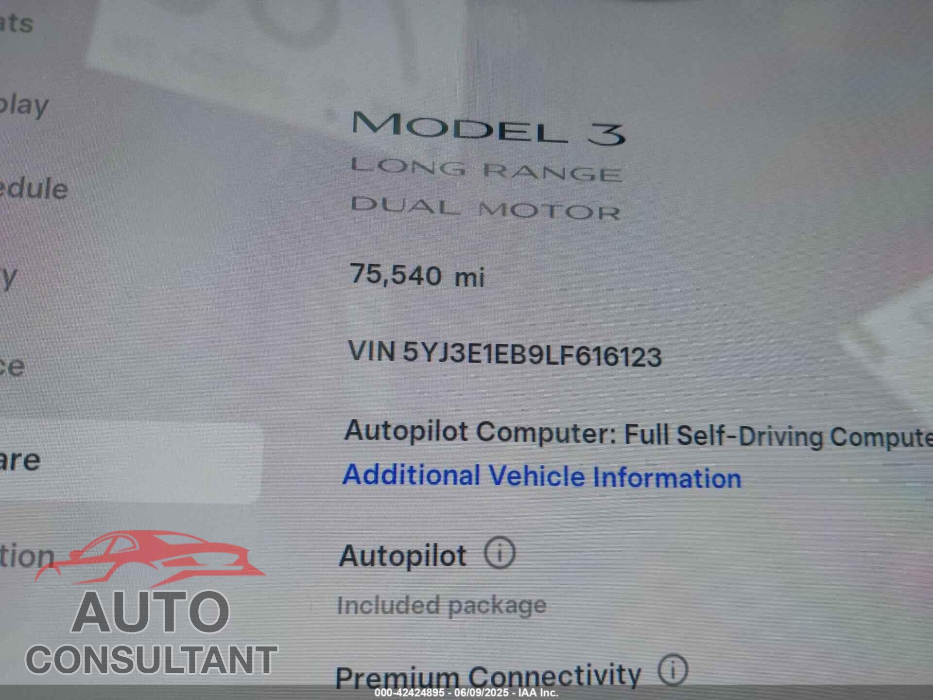 TESLA MODEL 3 2020 - 5YJ3E1EB9LF616123