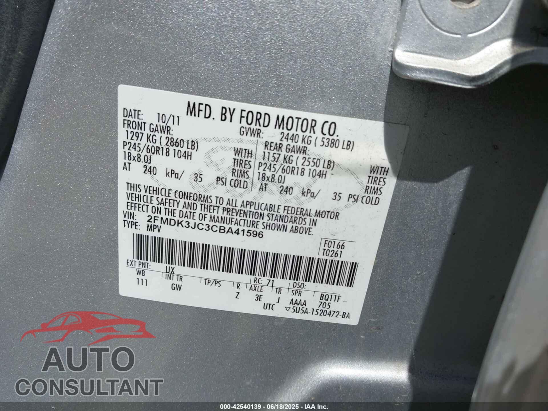 FORD EDGE 2012 - 2FMDK3JC3CBA41596