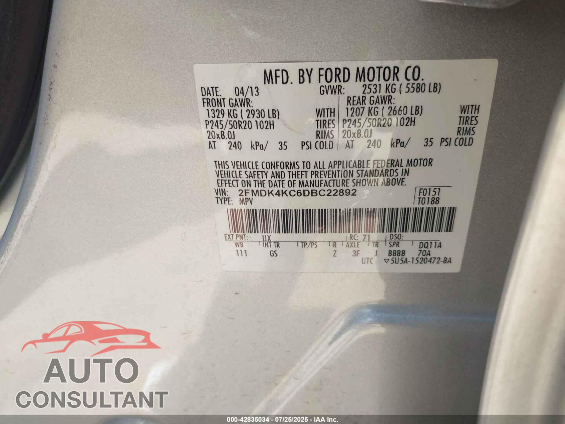 FORD EDGE 2013 - 2FMDK4KC6DBC22892