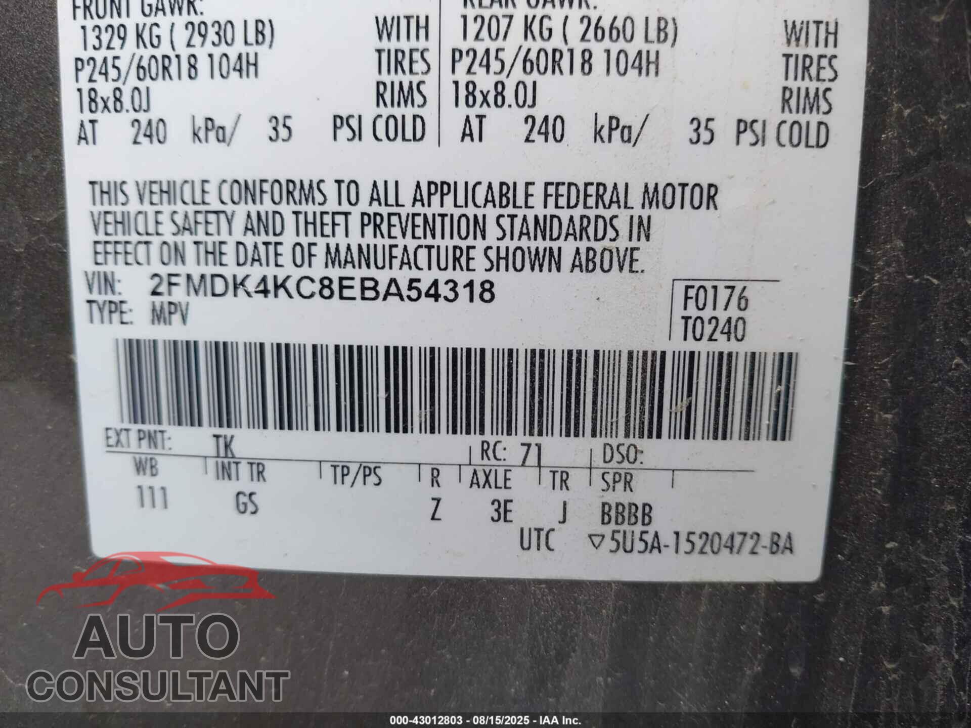 FORD EDGE 2014 - 2FMDK4KC8EBA54318
