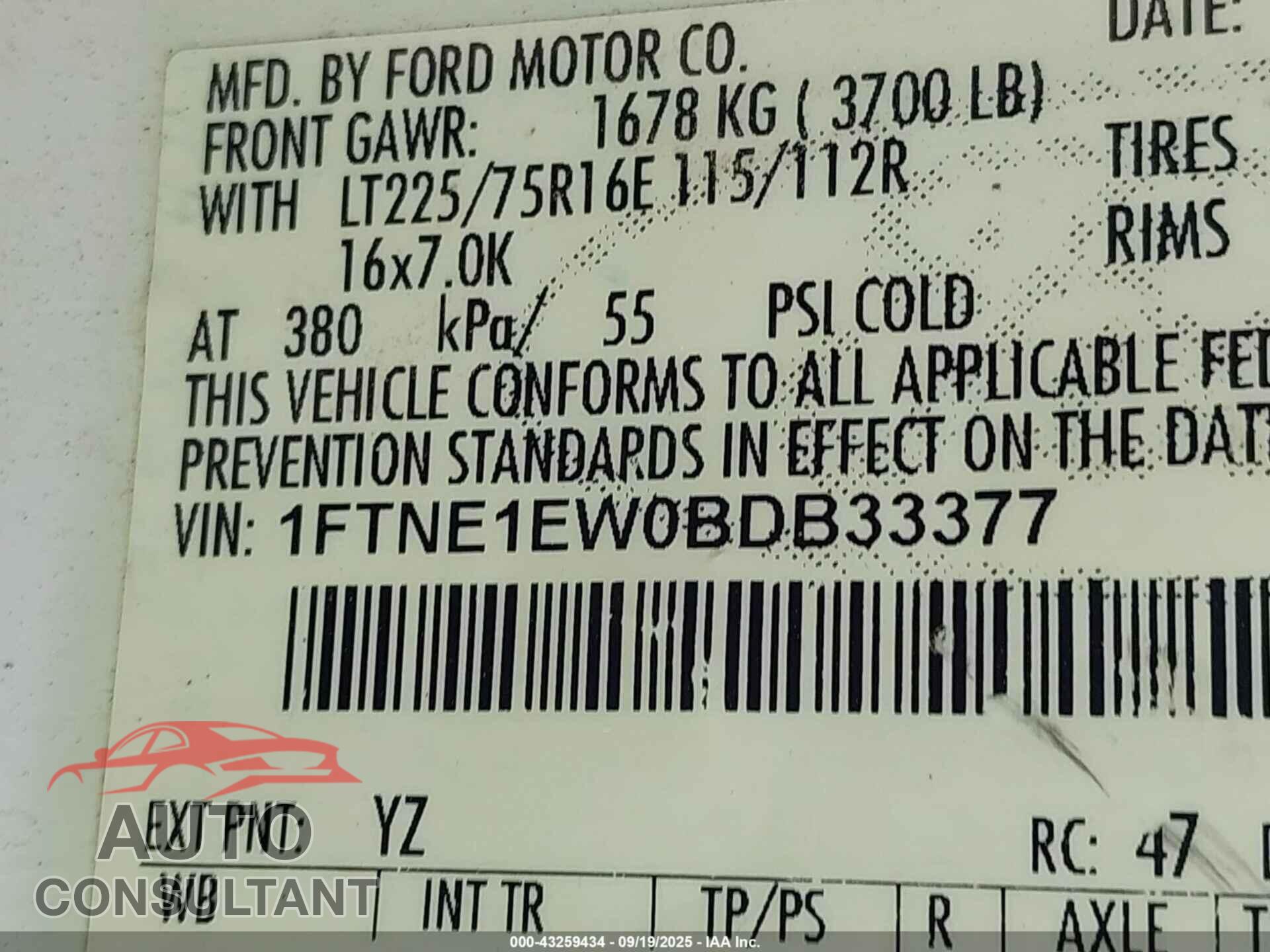 FORD E-150 2011 - 1FTNE1EW0BDB33377