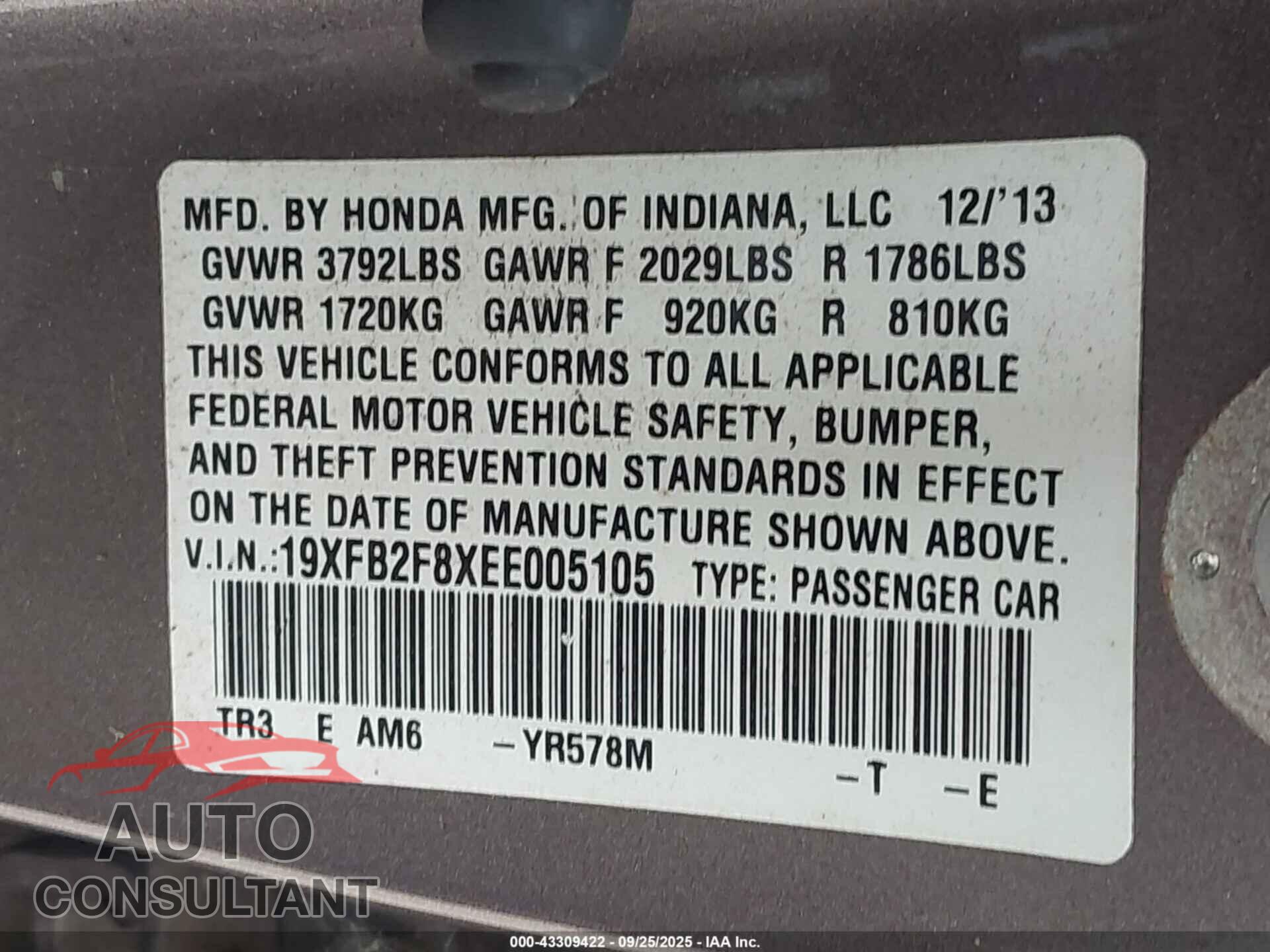 HONDA CIVIC 2014 - 19XFB2F8XEE005105