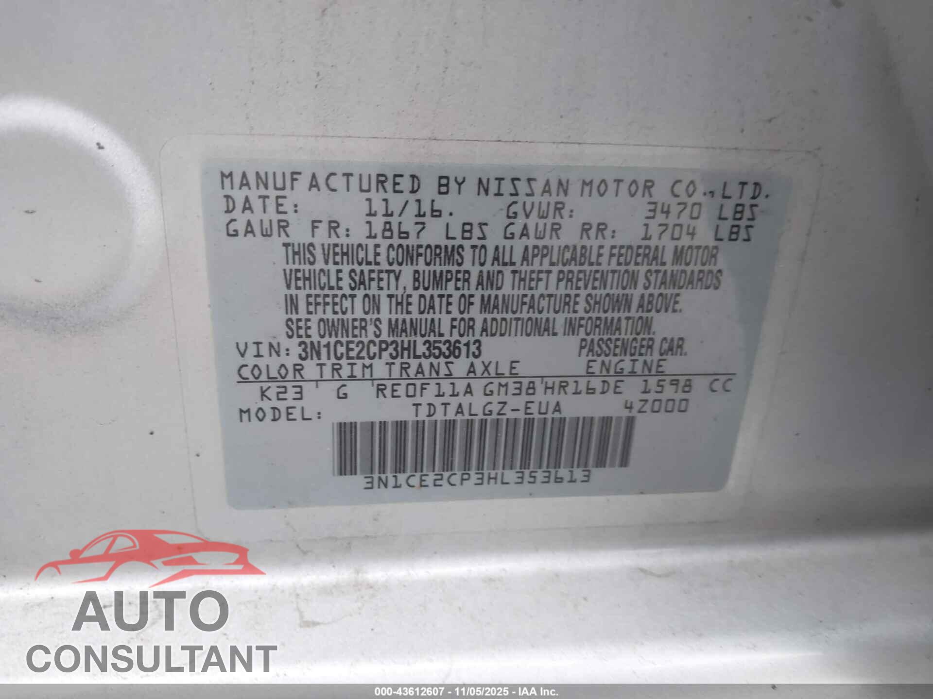 NISSAN VERSA NOTE 2017 - 3N1CE2CP3HL353613