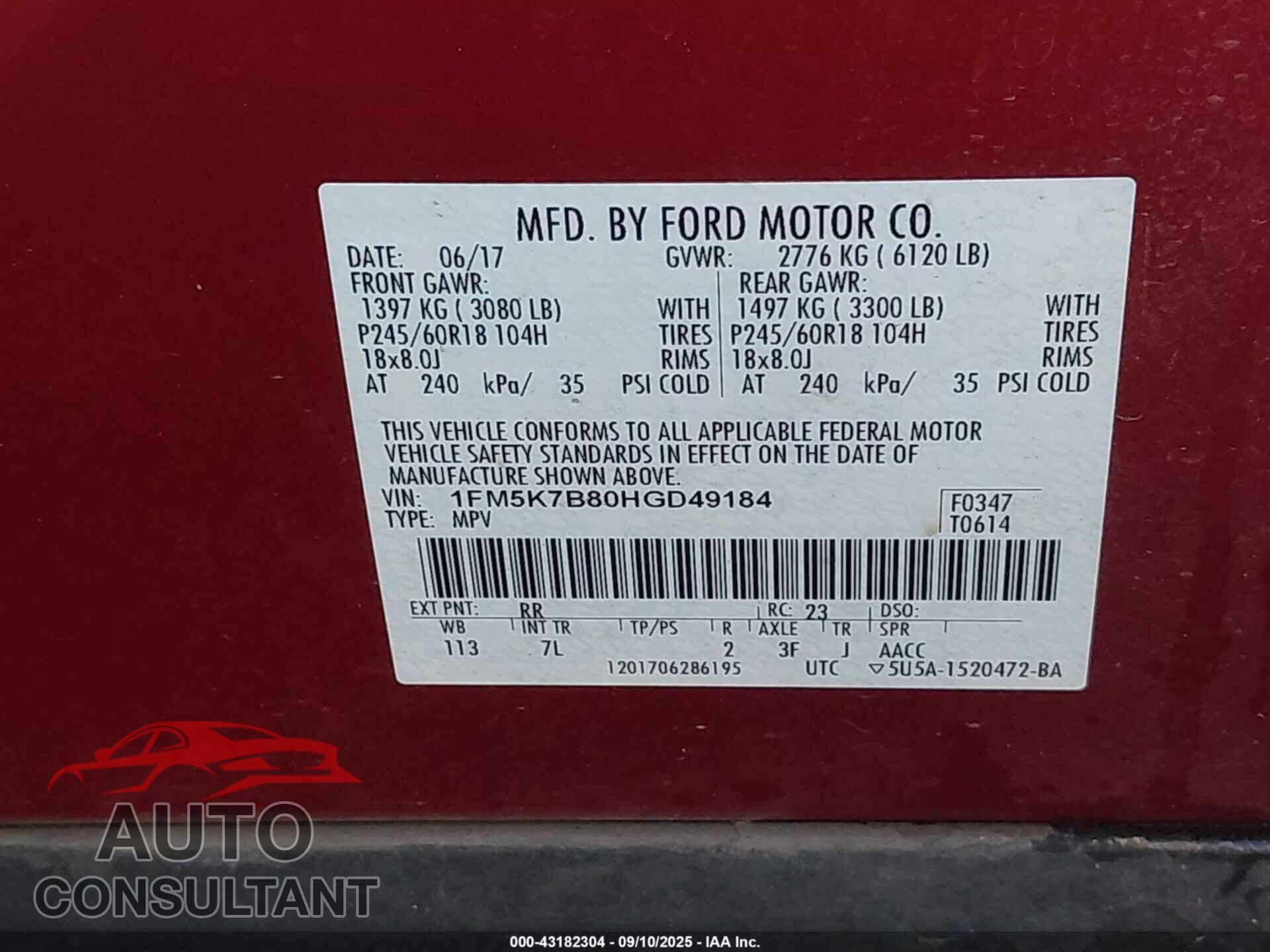 FORD EXPLORER 2017 - 1FM5K7B80HGD49184