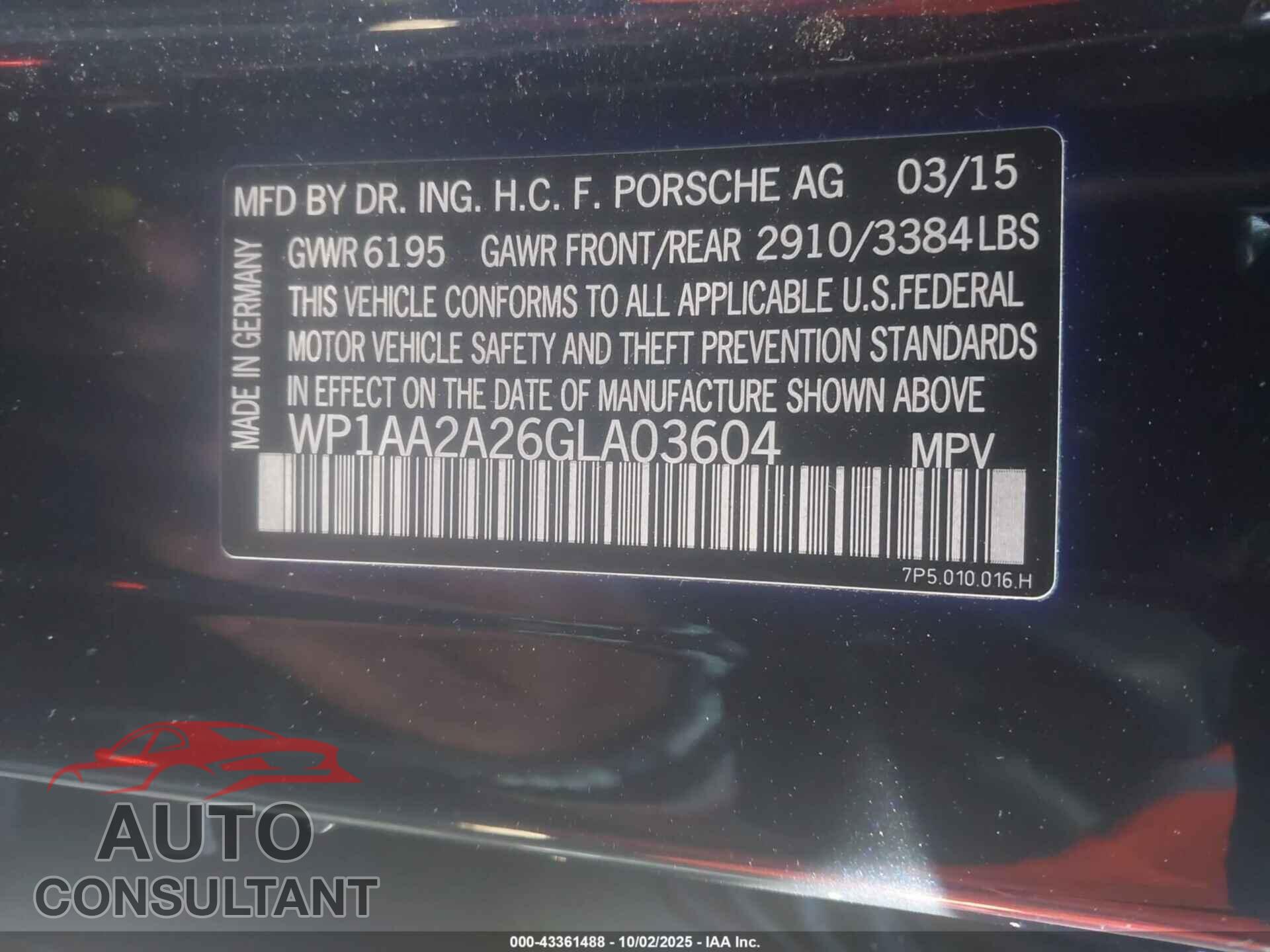 PORSCHE CAYENNE 2016 - WP1AA2A26GLA03604