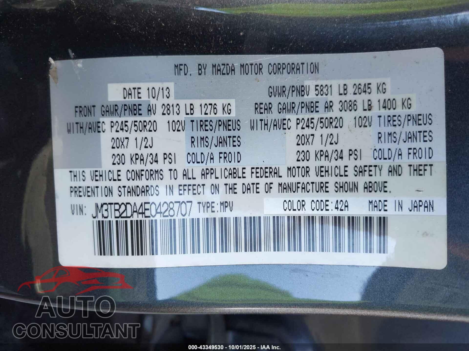 MAZDA CX-9 2014 - JM3TB2DA4E0428707