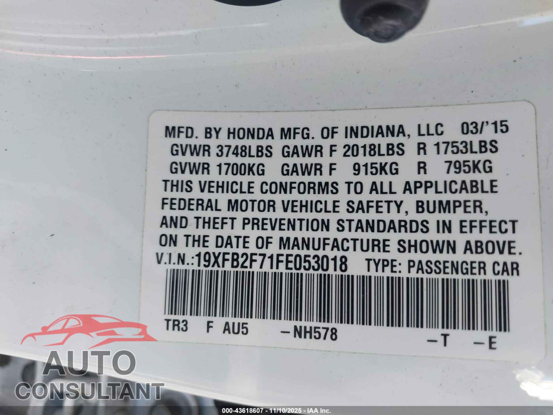 HONDA CIVIC 2015 - 19XFB2F71FE053018