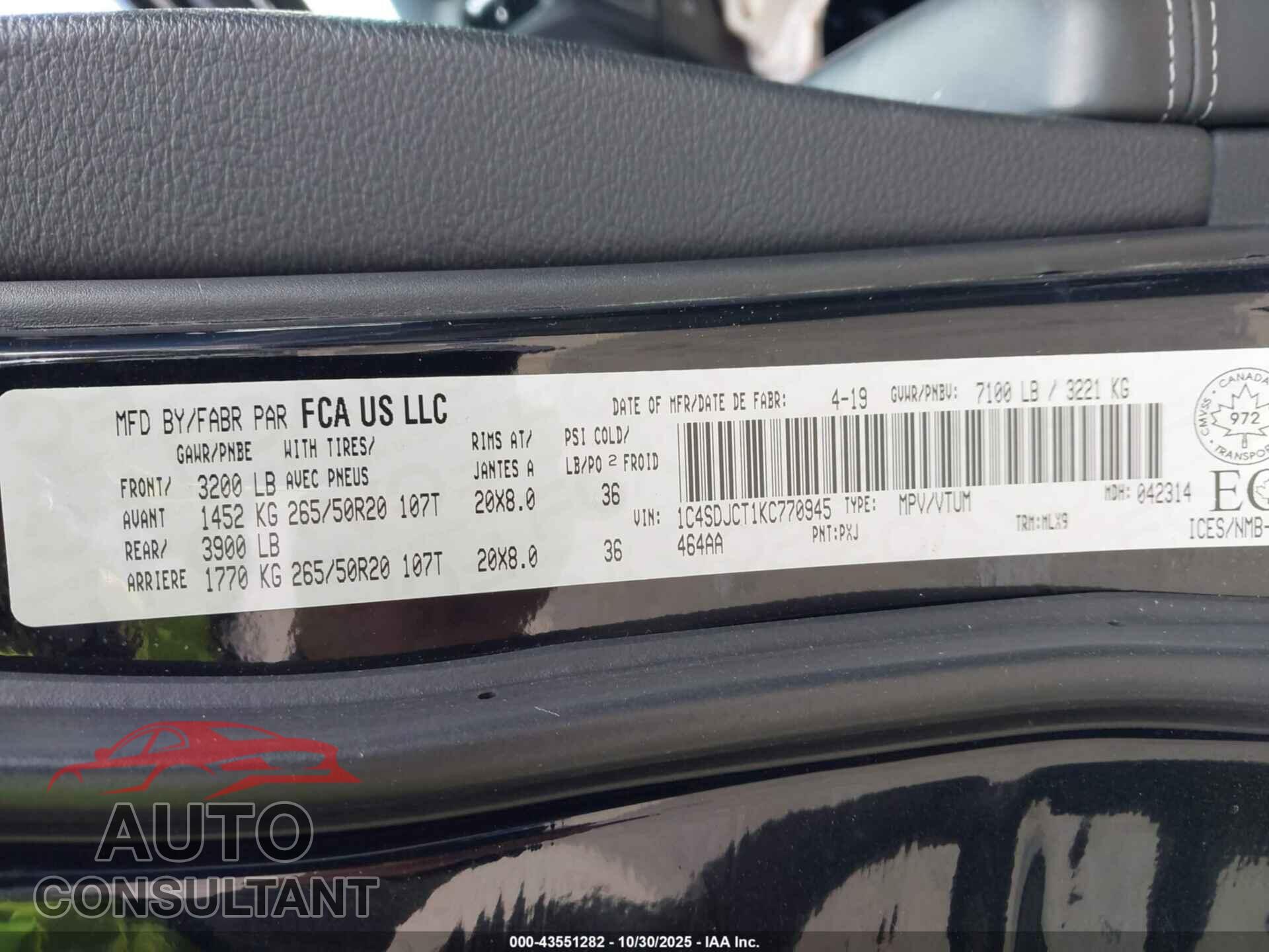 DODGE DURANGO 2019 - 1C4SDJCT1KC770945