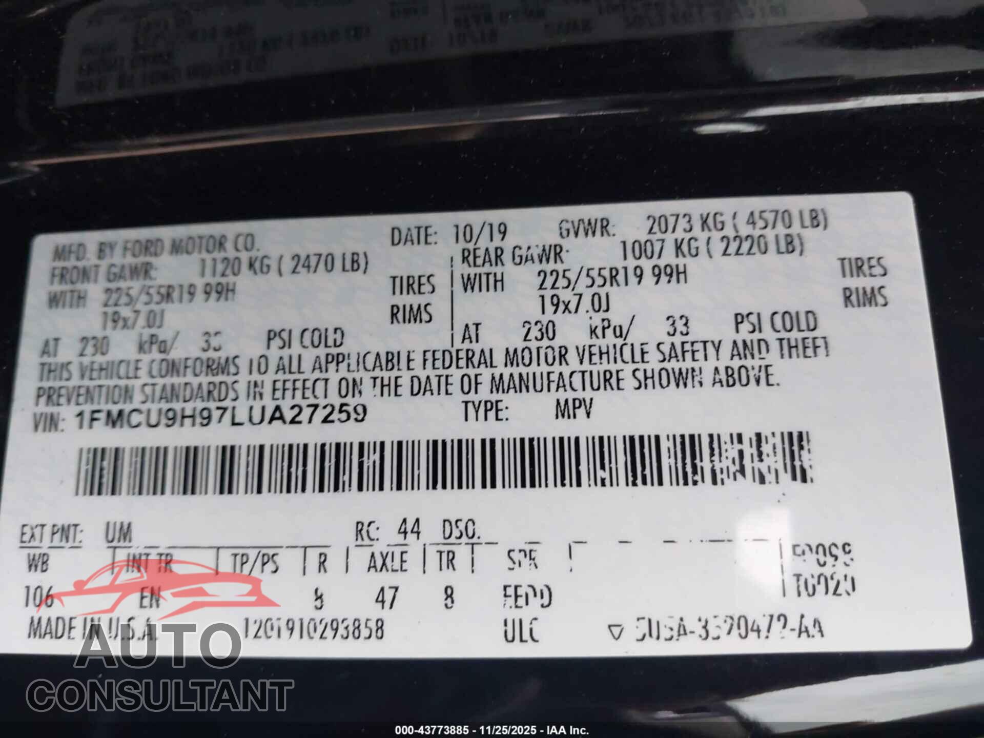 FORD ESCAPE 2020 - 1FMCU9H97LUA27259