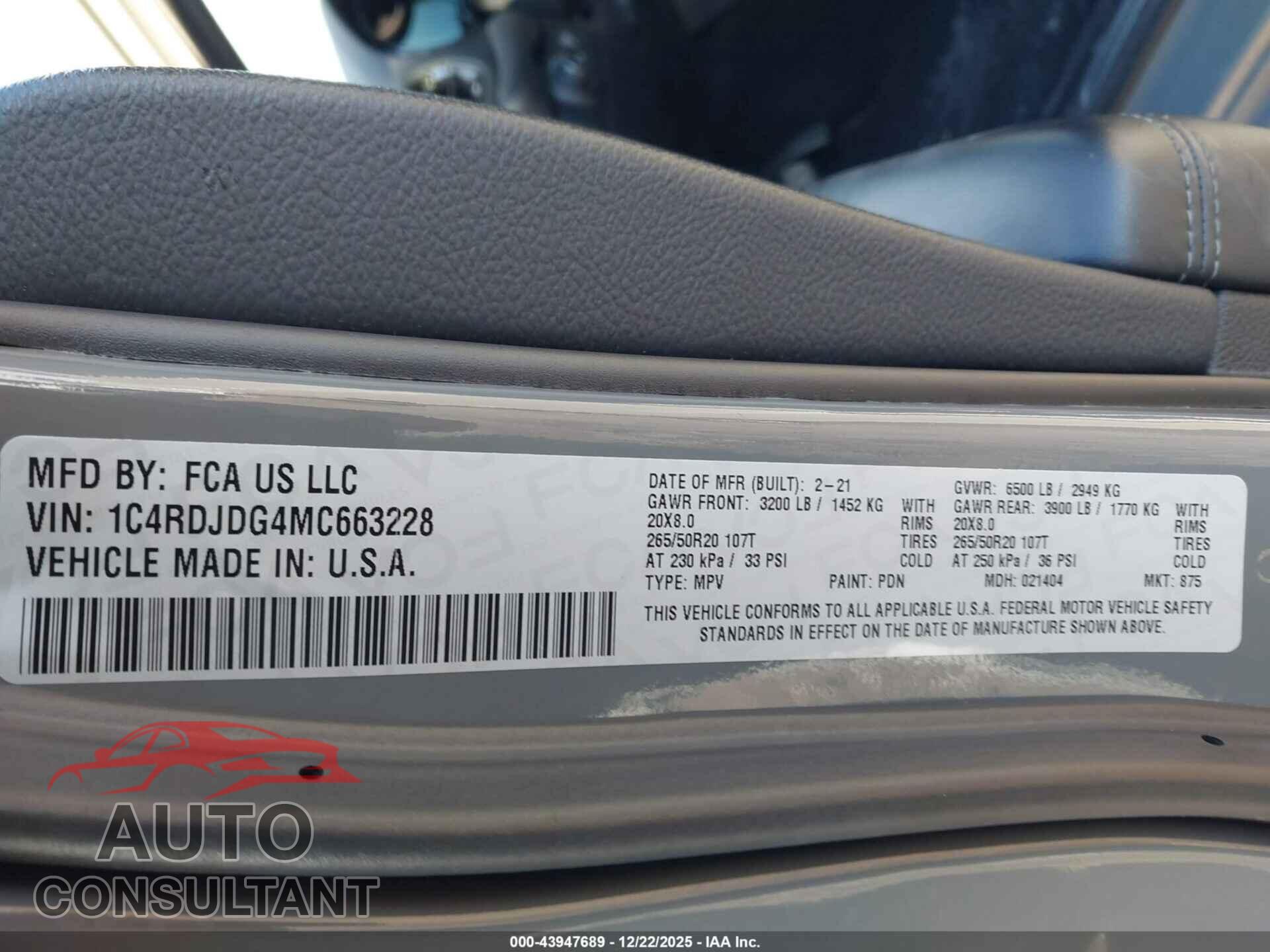 DODGE DURANGO 2021 - 1C4RDJDG4MC663228