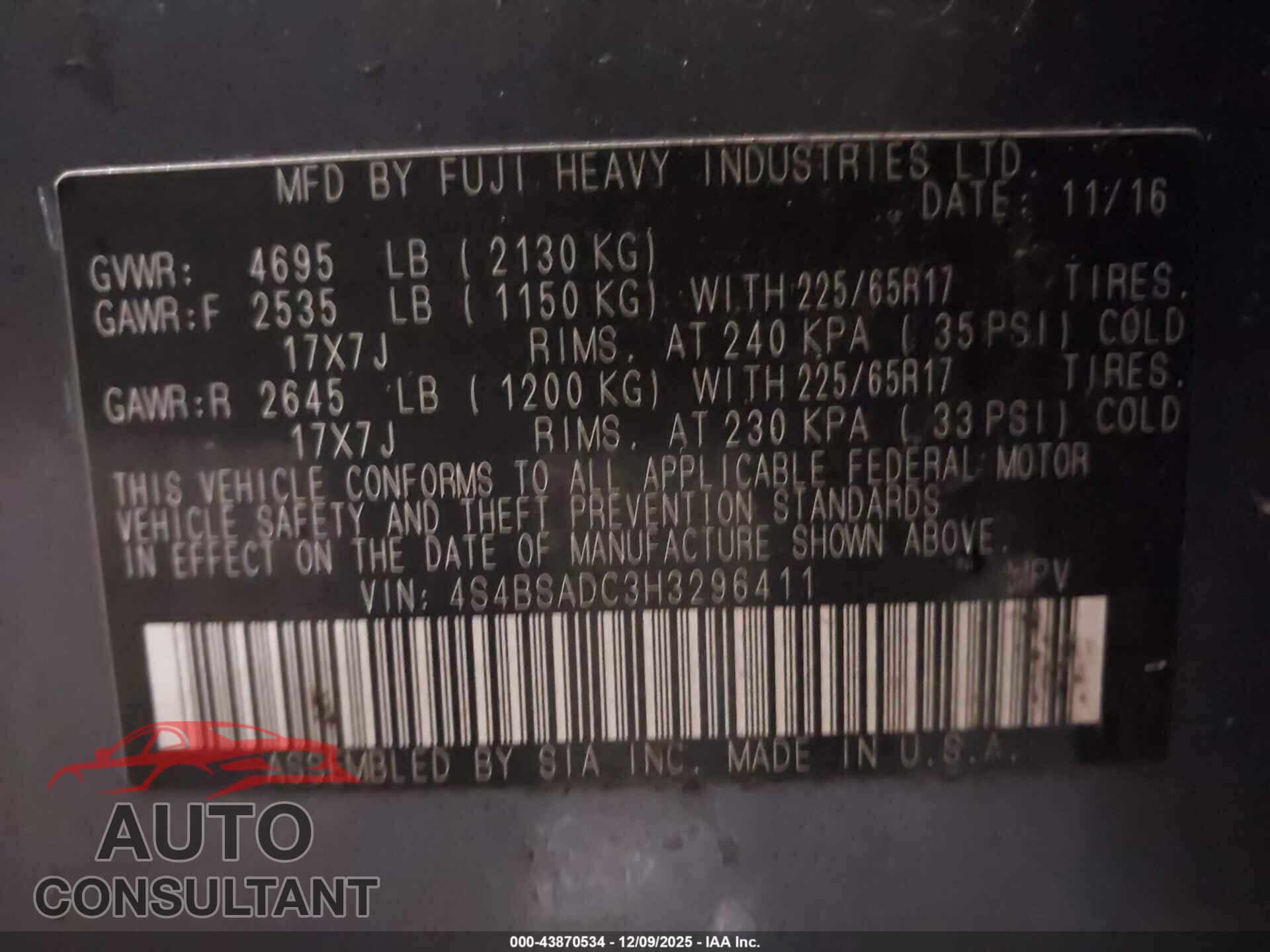 SUBARU OUTBACK 2017 - 4S4BSADC3H3296411