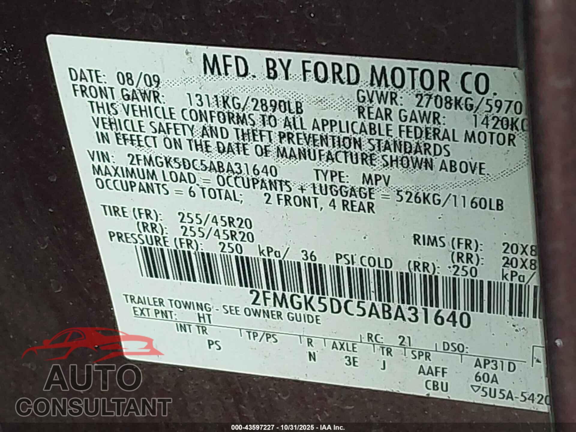 FORD FLEX 2010 - 2FMGK5DC5ABA31640