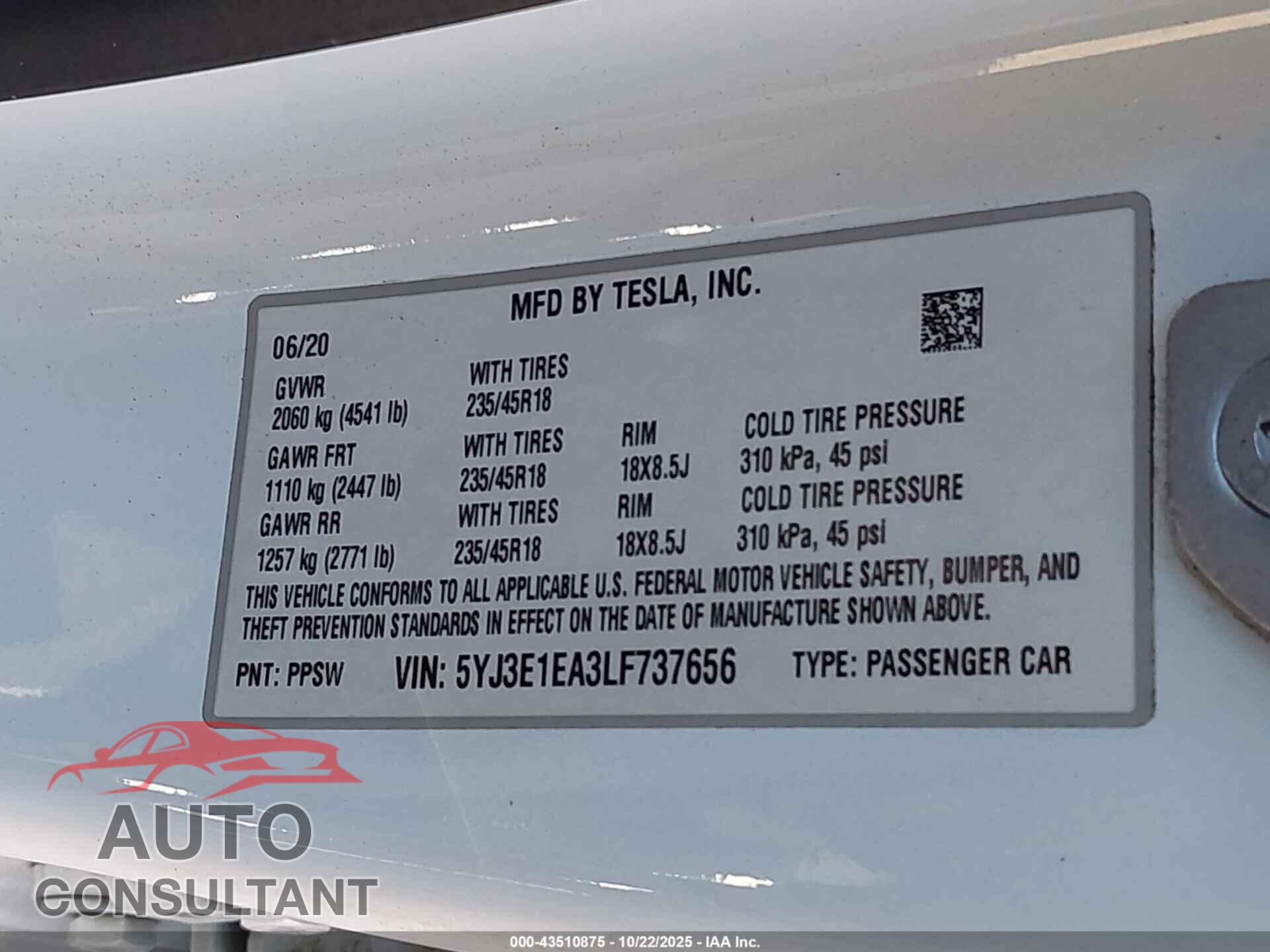TESLA MODEL 3 2020 - 5YJ3E1EA3LF737656