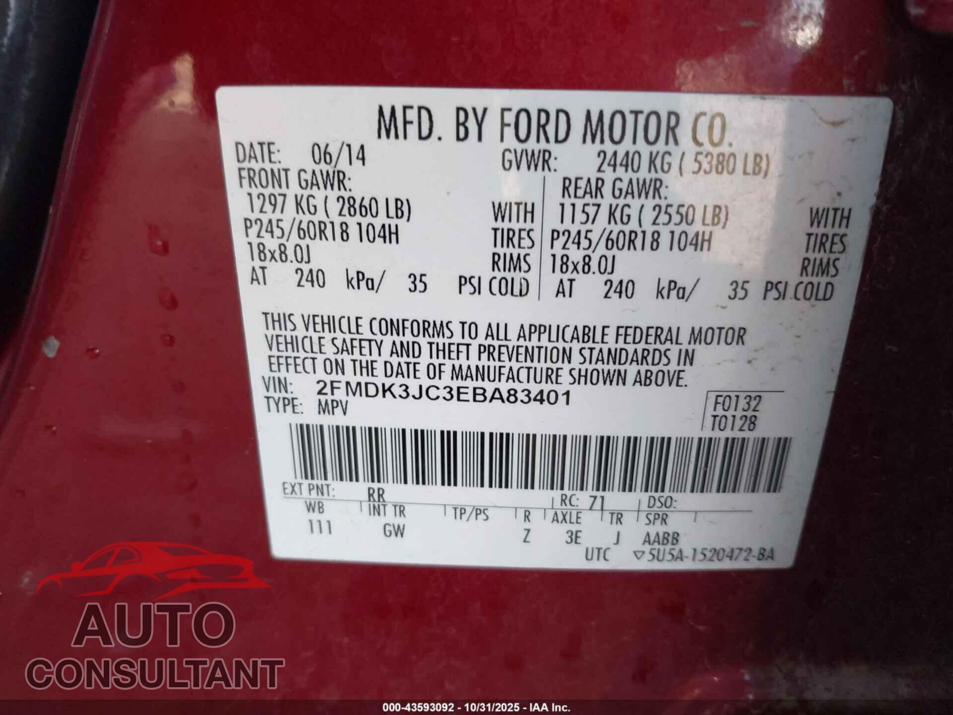 FORD EDGE 2014 - 2FMDK3JC3EBA83401