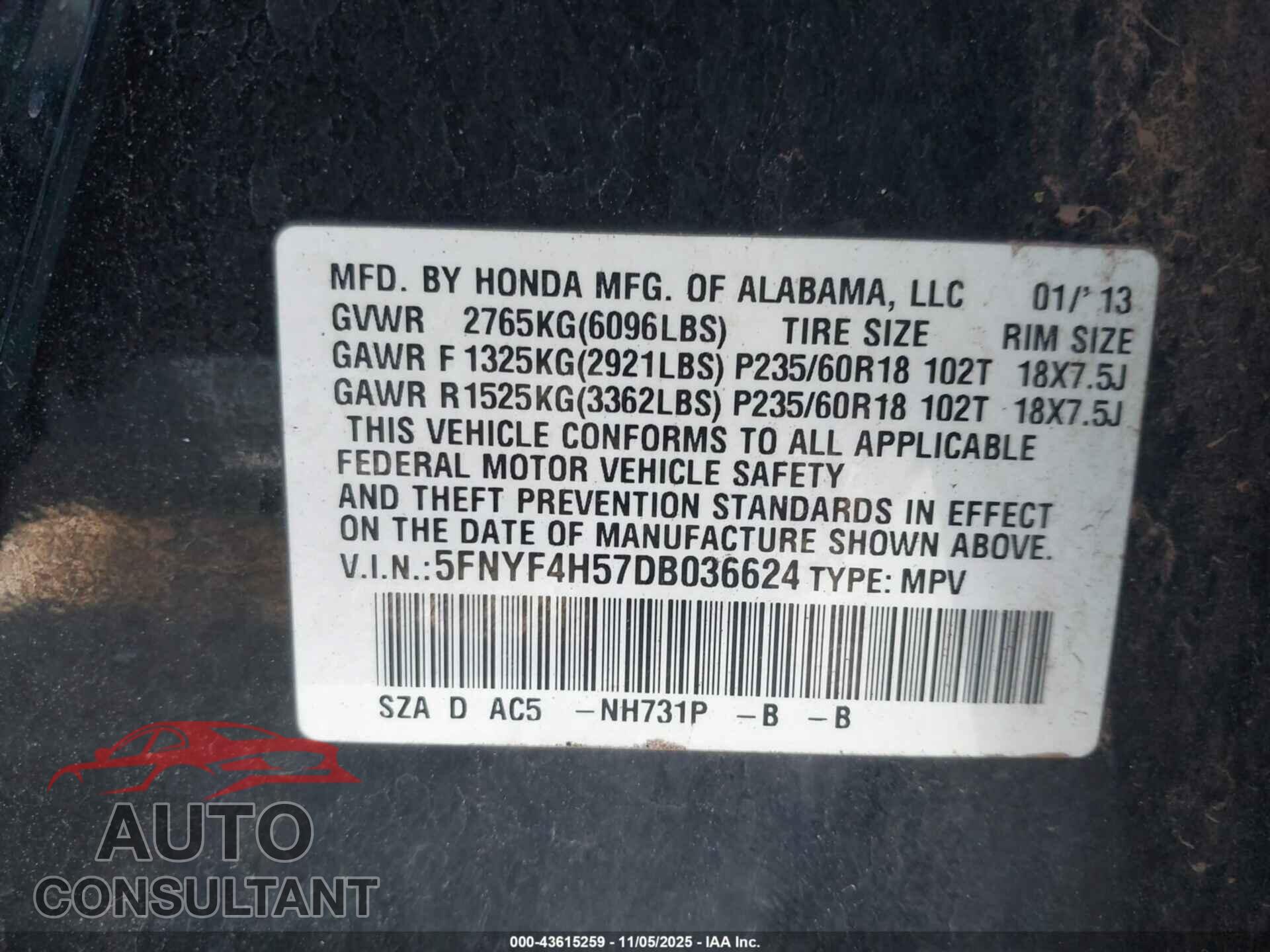 HONDA PILOT 2013 - 5FNYF4H57DB036624