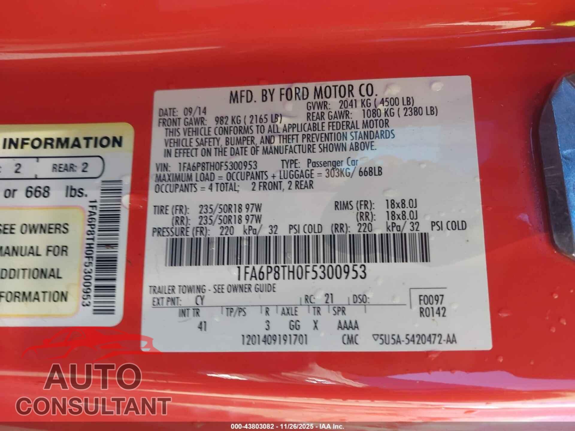FORD MUSTANG 2015 - 1FA6P8TH0F5300953