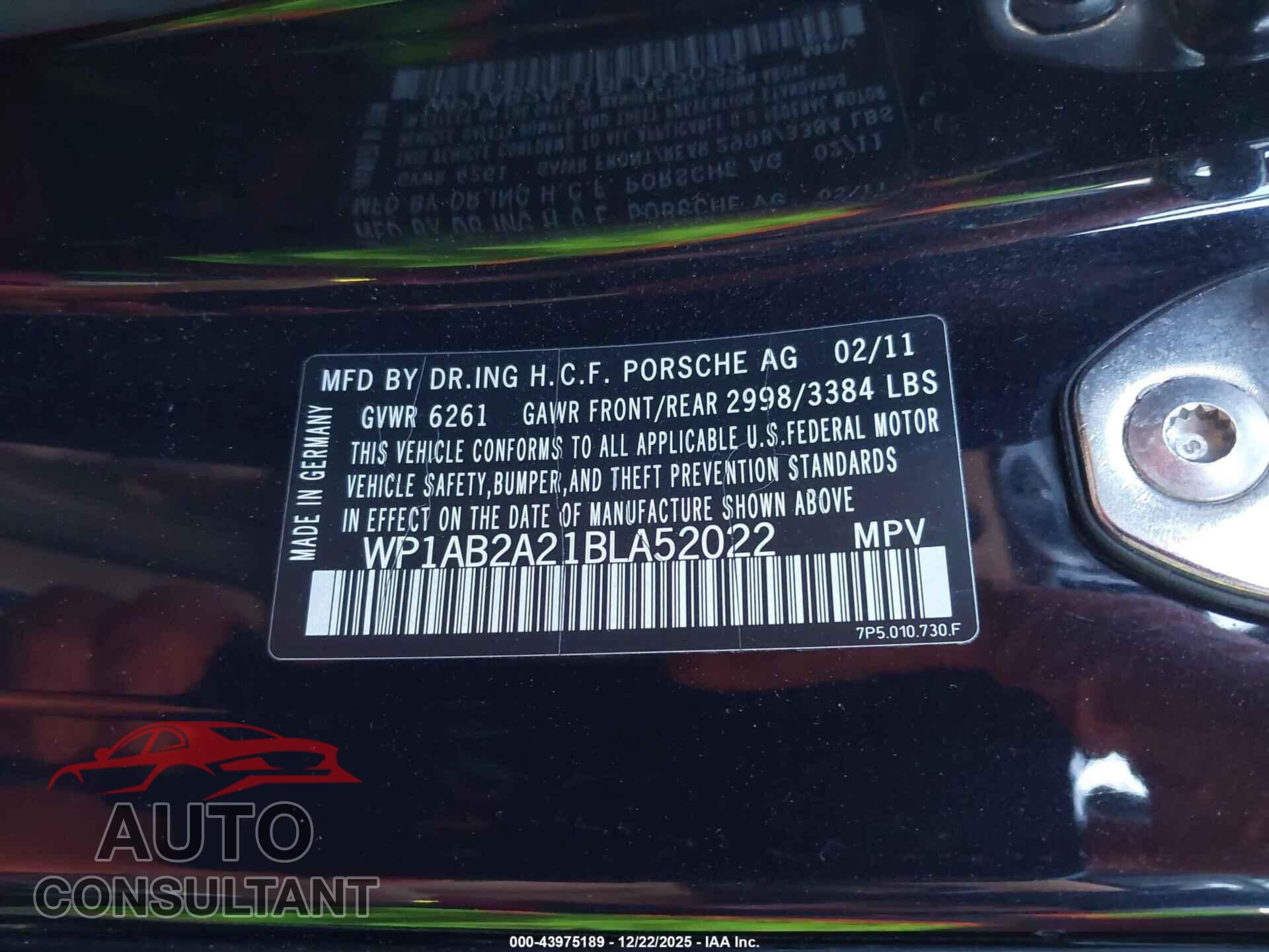 PORSCHE CAYENNE 2011 - WP1AB2A21BLA52022