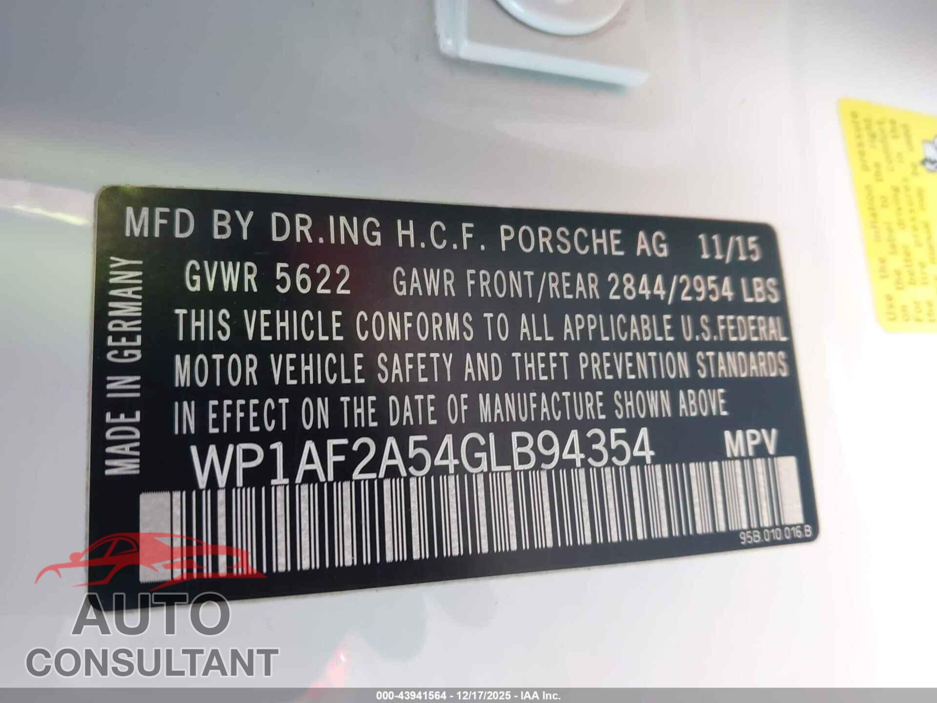 PORSCHE MACAN 2016 - WP1AF2A54GLB94354