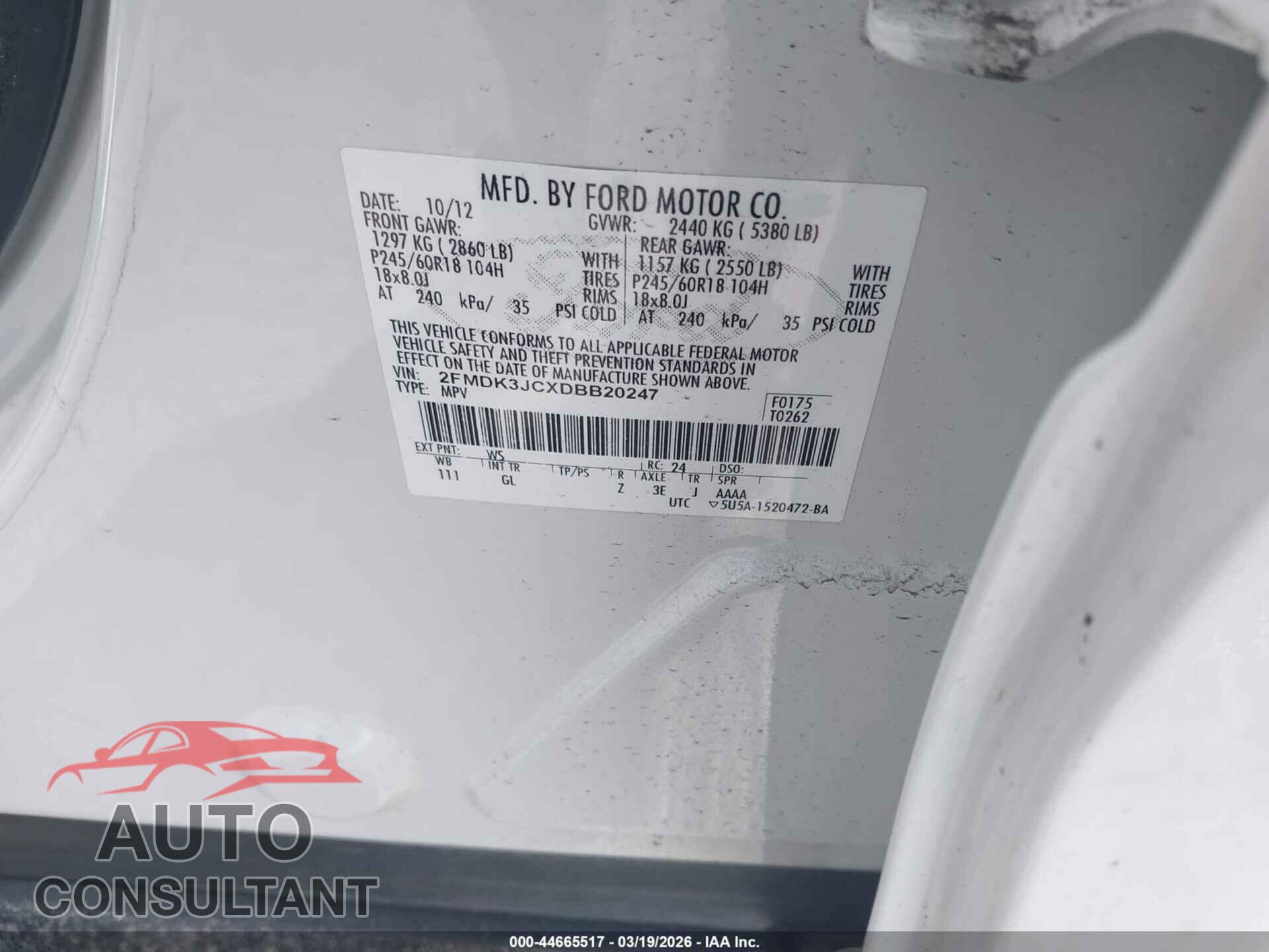 FORD EDGE 2013 - 2FMDK3JCXDBB20247