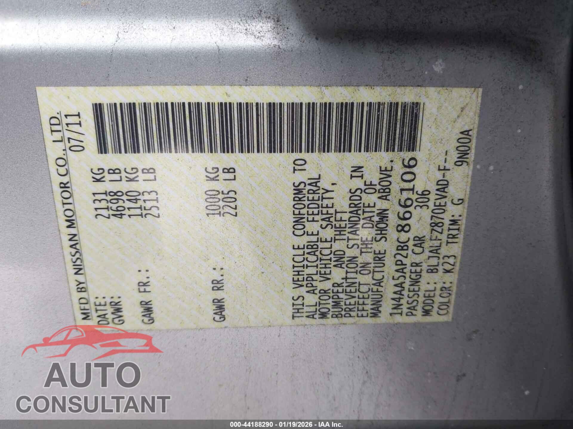 NISSAN MAXIMA 2011 - 1N4AA5AP2BC866106