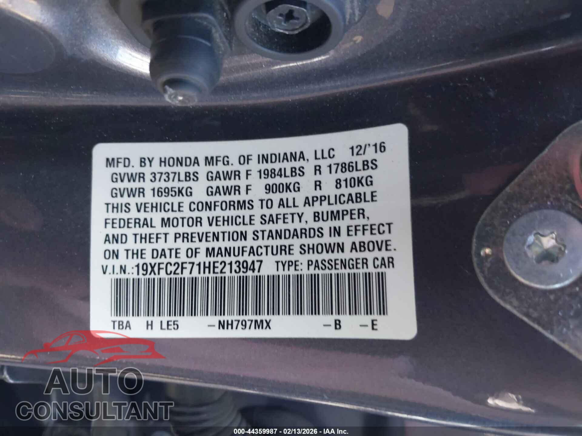 HONDA CIVIC 2017 - 19XFC2F71HE213947