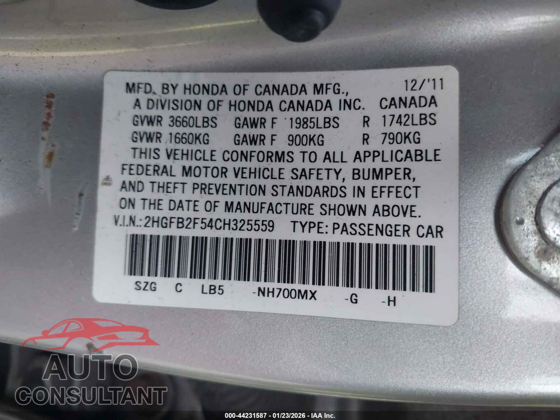 HONDA CIVIC 2012 - 2HGFB2F54CH325559