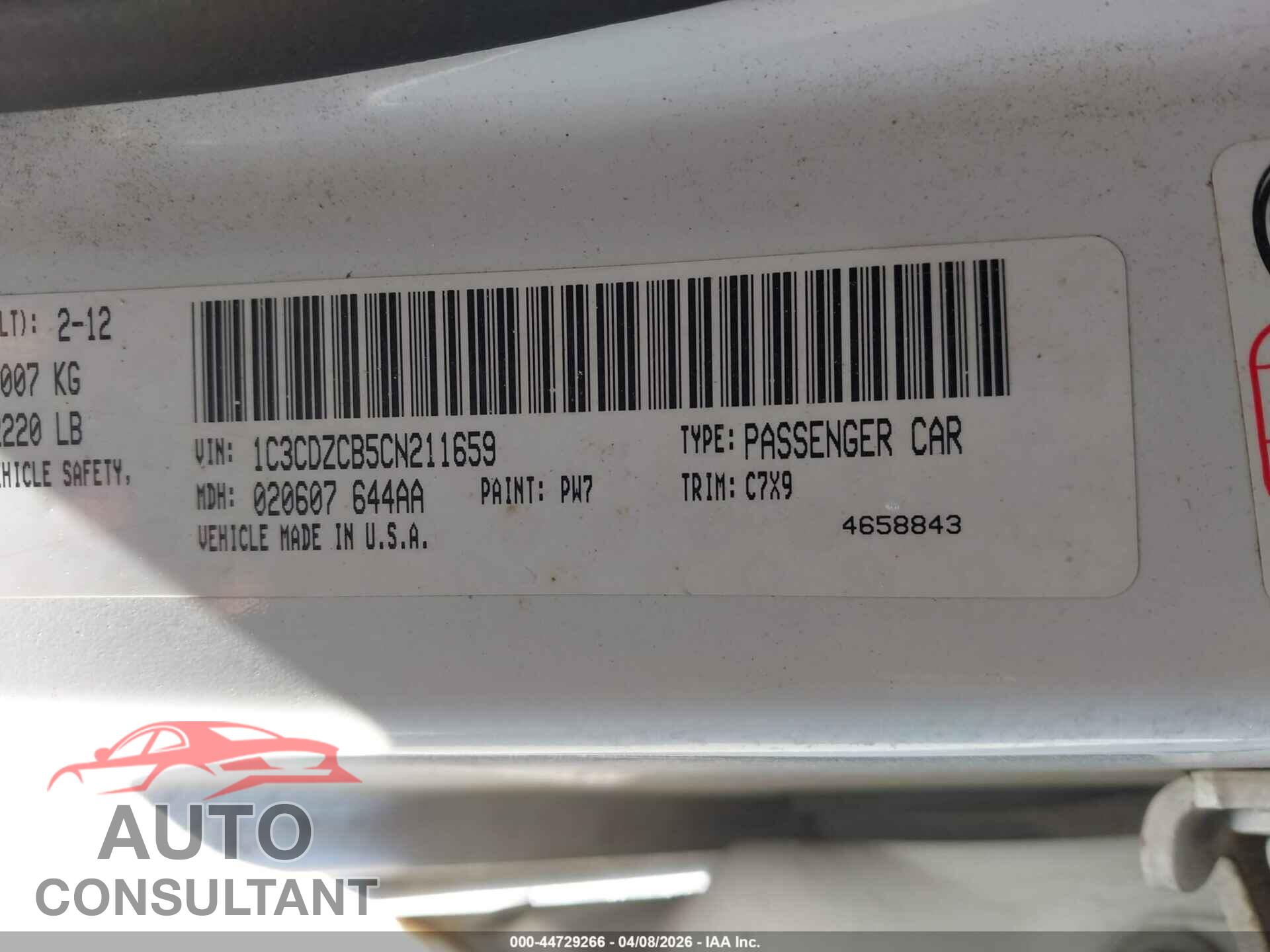 DODGE AVENGER 2012 - 1C3CDZCB5CN211659