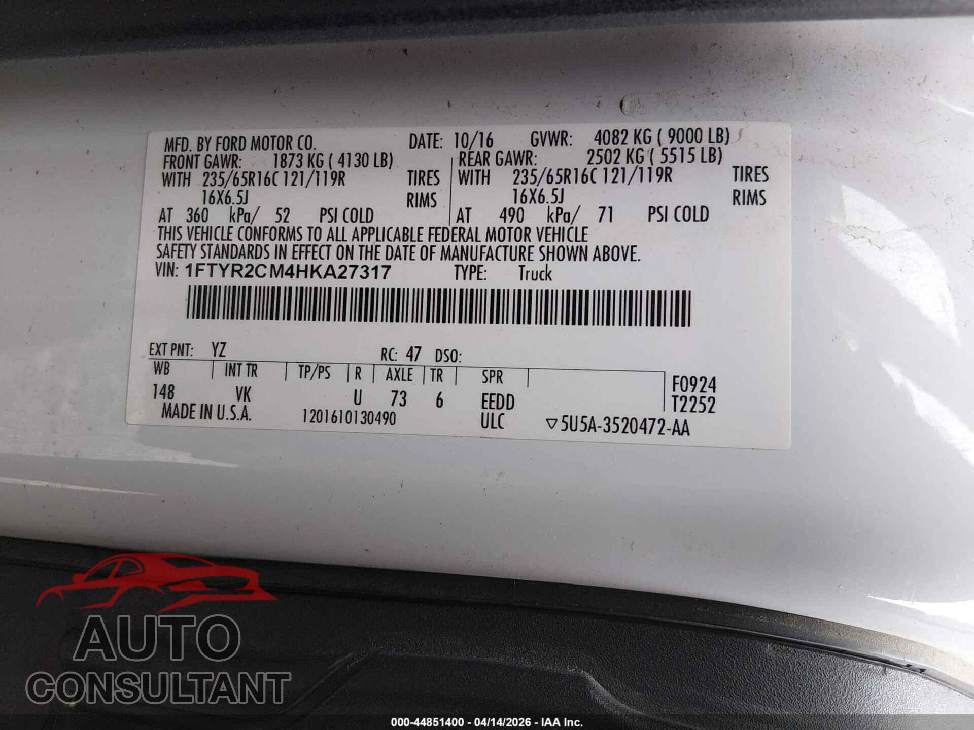 FORD TRANSIT-250 2017 - 1FTYR2CM4HKA27317