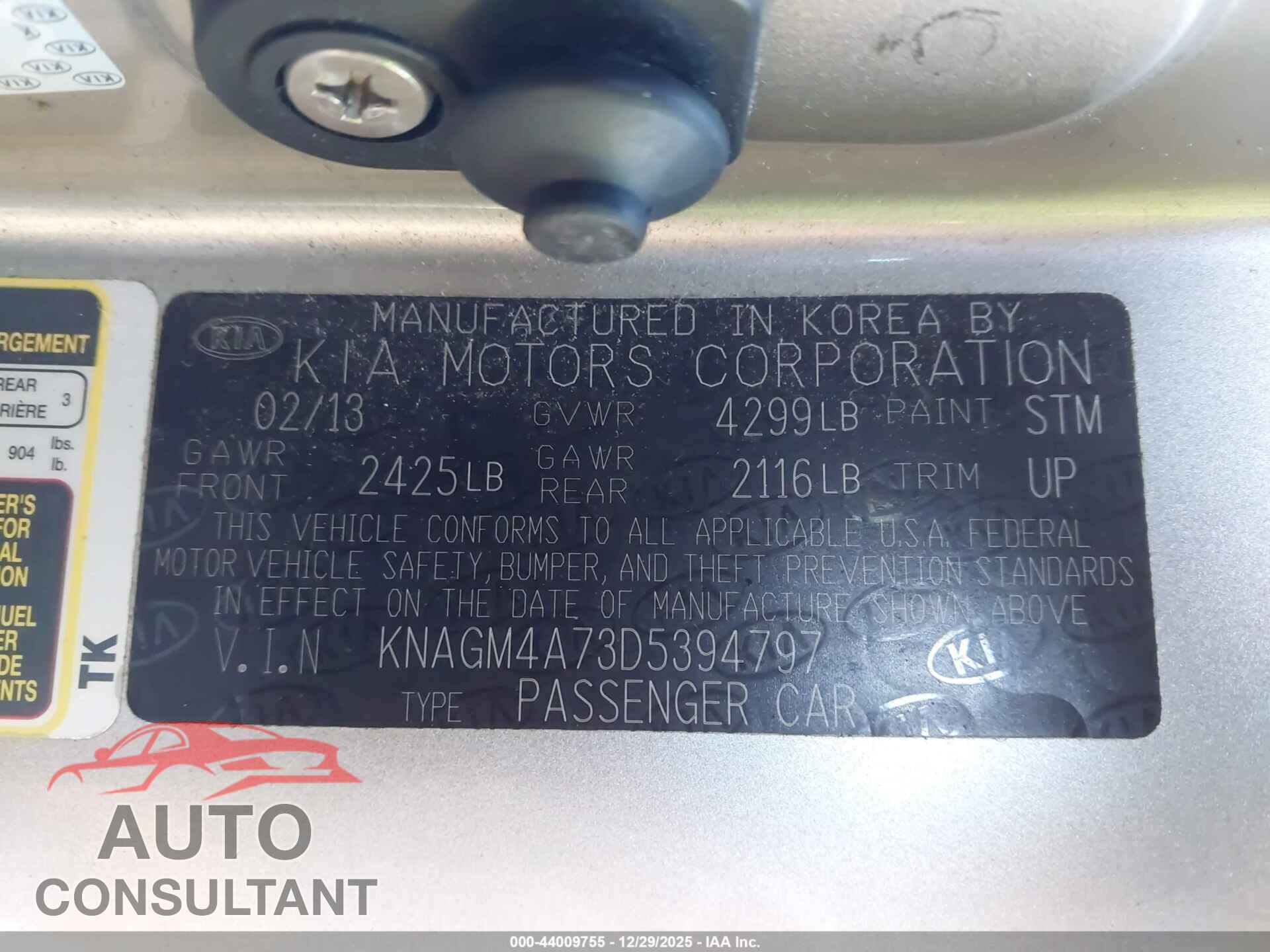KIA OPTIMA 2013 - KNAGM4A73D5394797