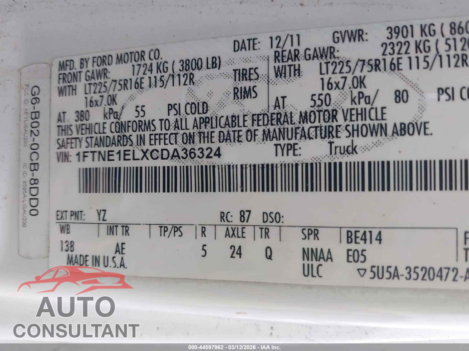 FORD E-150 2012 - 1FTNE1ELXCDA36324