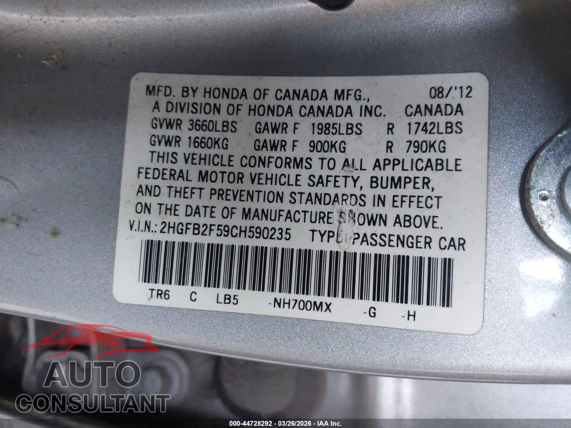 HONDA CIVIC 2012 - 2HGFB2F59CH590235