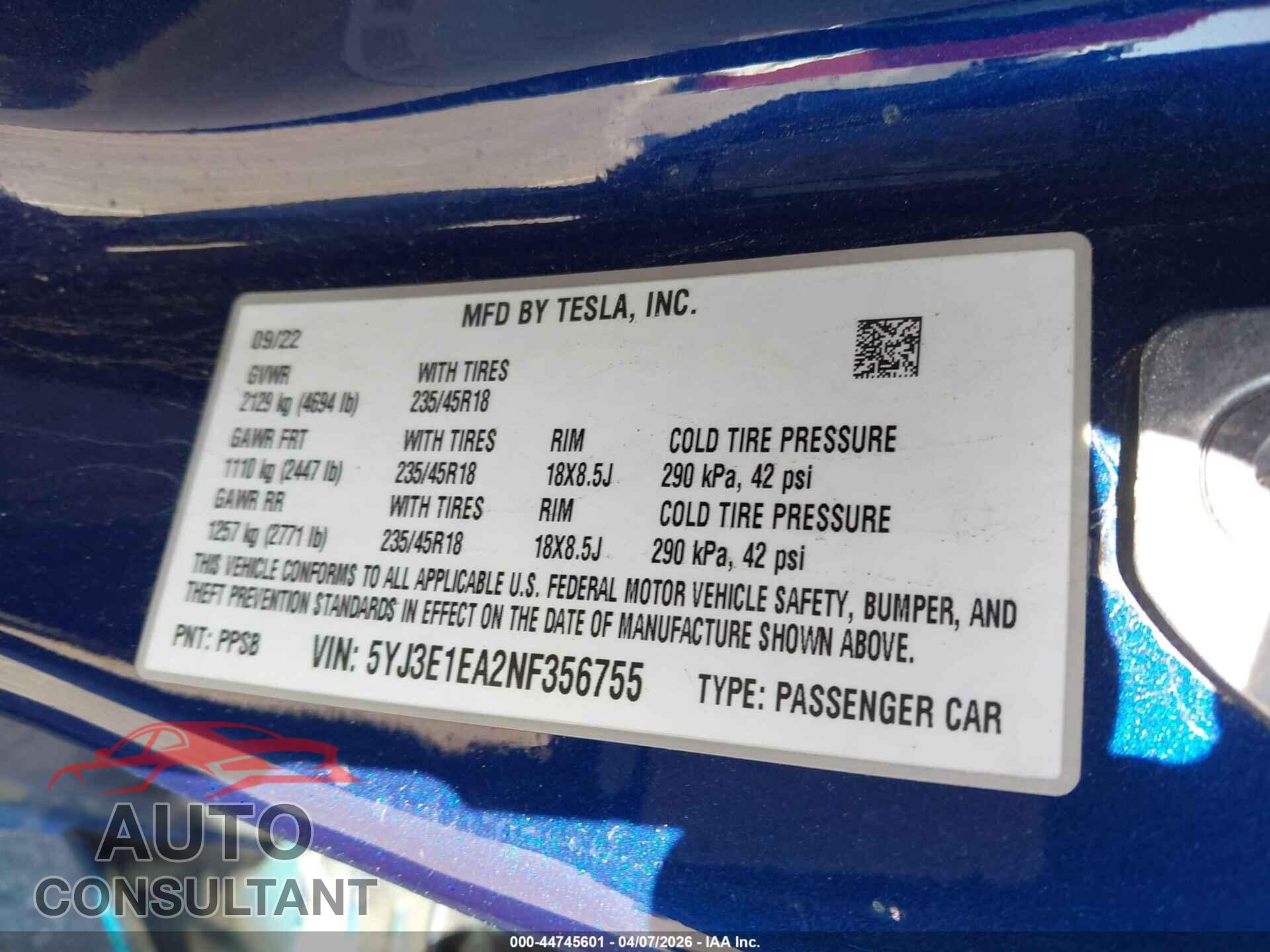 TESLA MODEL 3 2022 - 5YJ3E1EA2NF356755