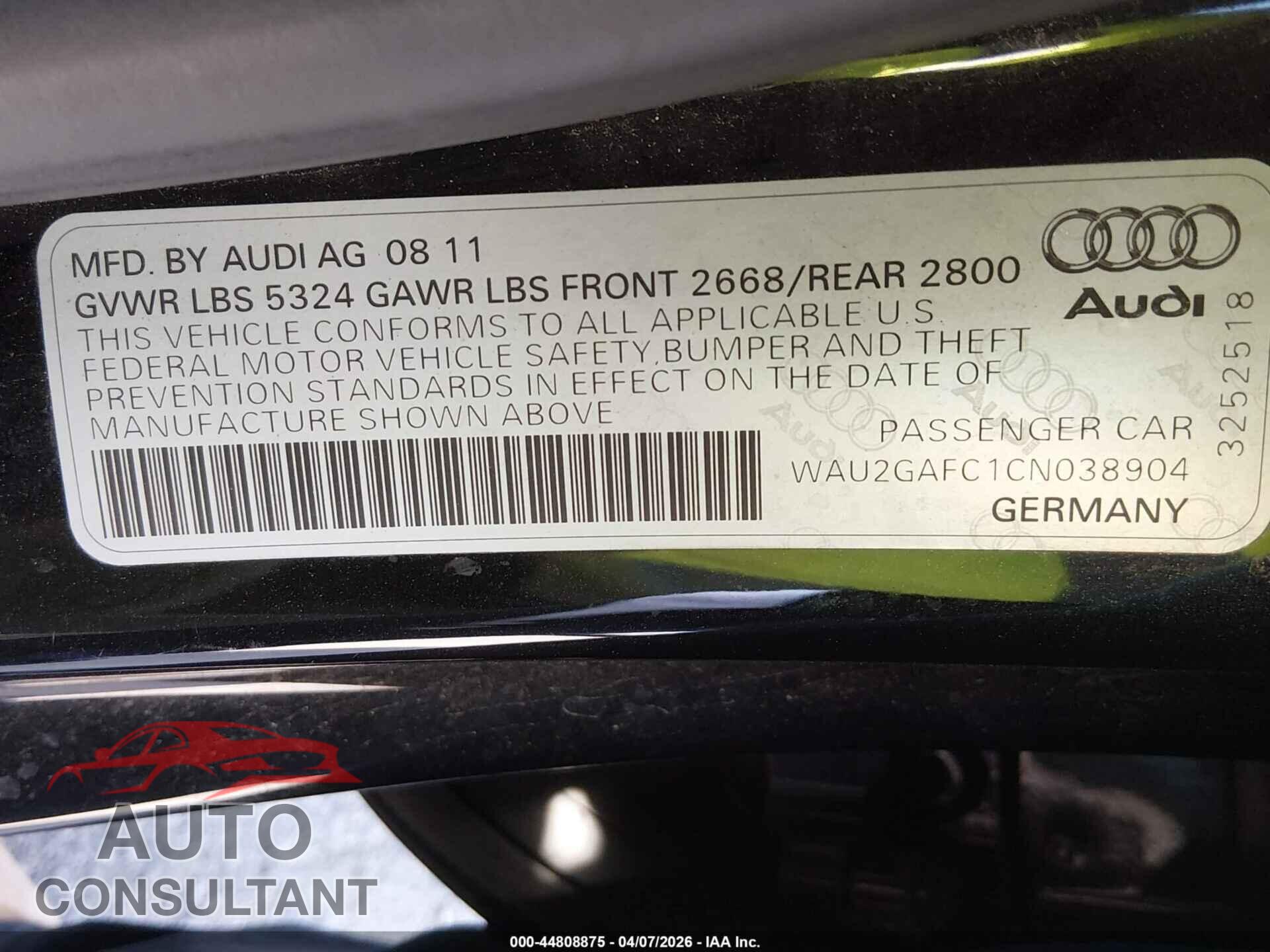 AUDI A7 2012 - WAU2GAFC1CN038904