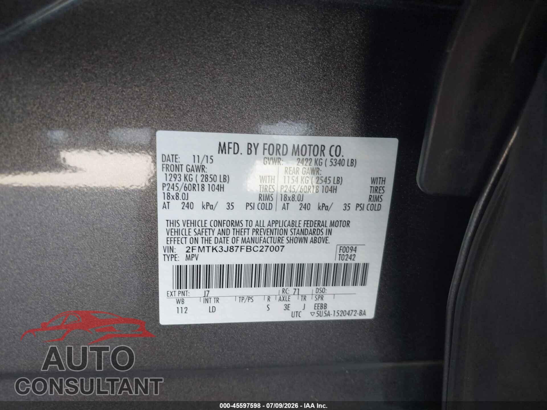 FORD EDGE 2015 - 2FMTK3J87FBC27007